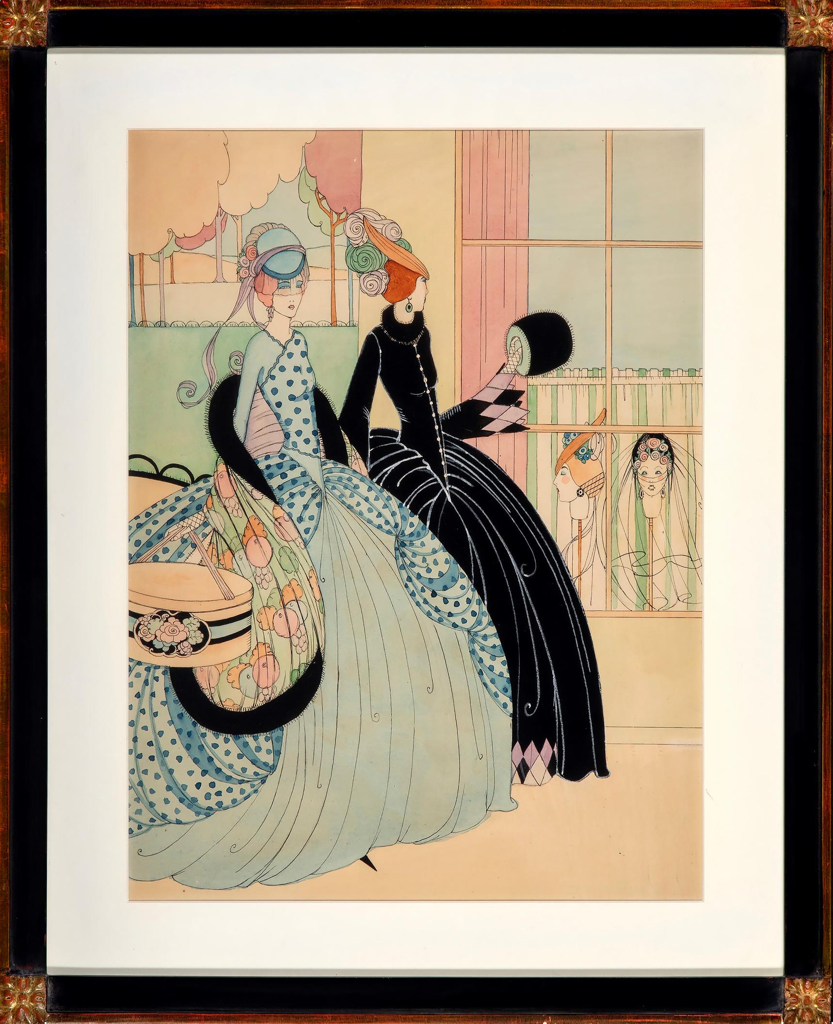 Vogue - Femmes habillées de manière élégante en quête de chapeaux Art Nouveau - Artiste féminine en vente 8