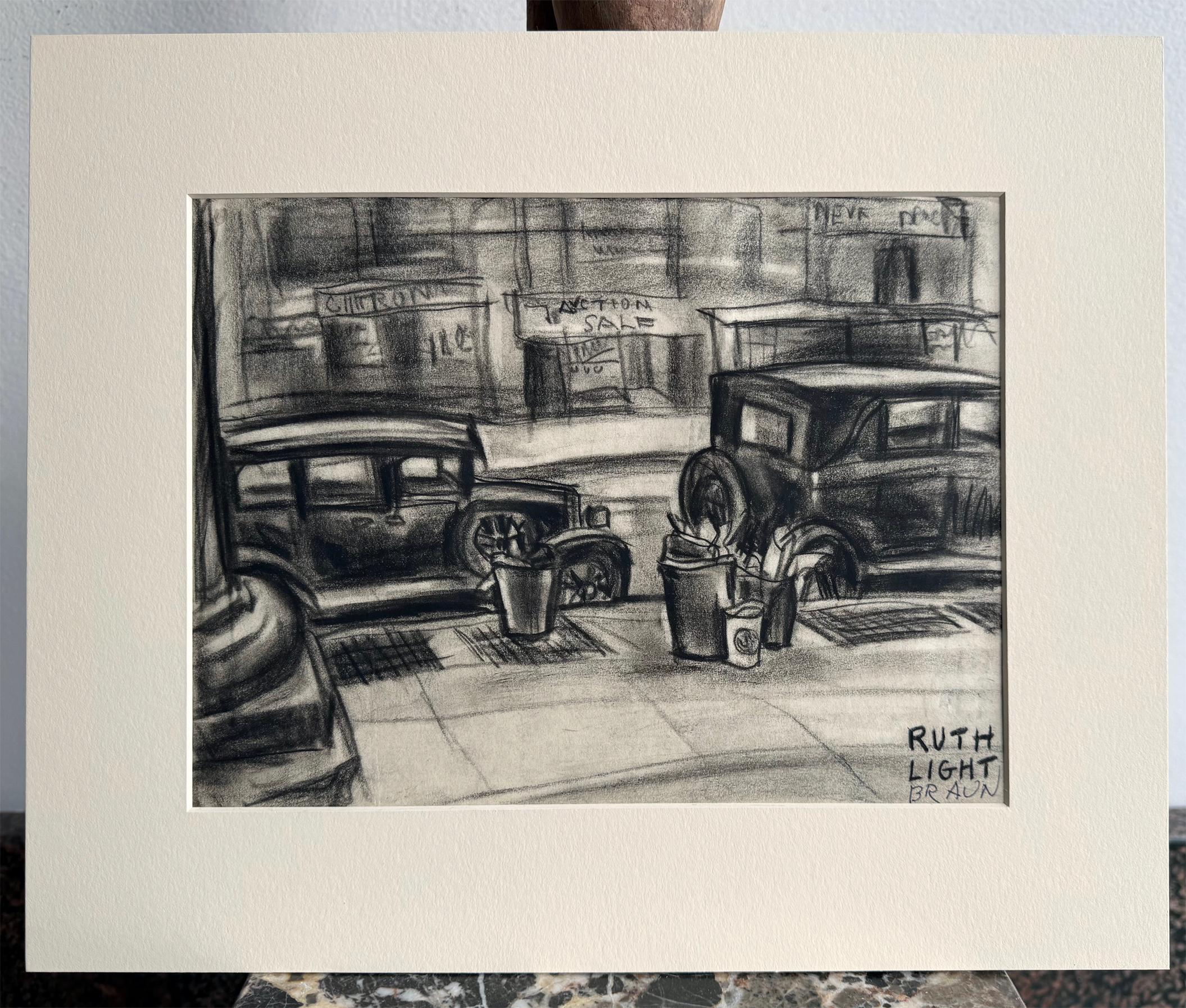 Gritty Street Scene mit Parkierten Autos – Roaring Twenties New York (Grau), Landscape Art, von Ruth Light Braun