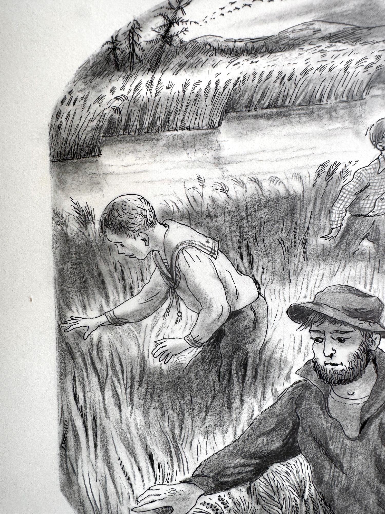 Cercando nell'erba alta - Illustrazione per libri di un'illustratrice donna,  Americana - Art di Peggy Bacon