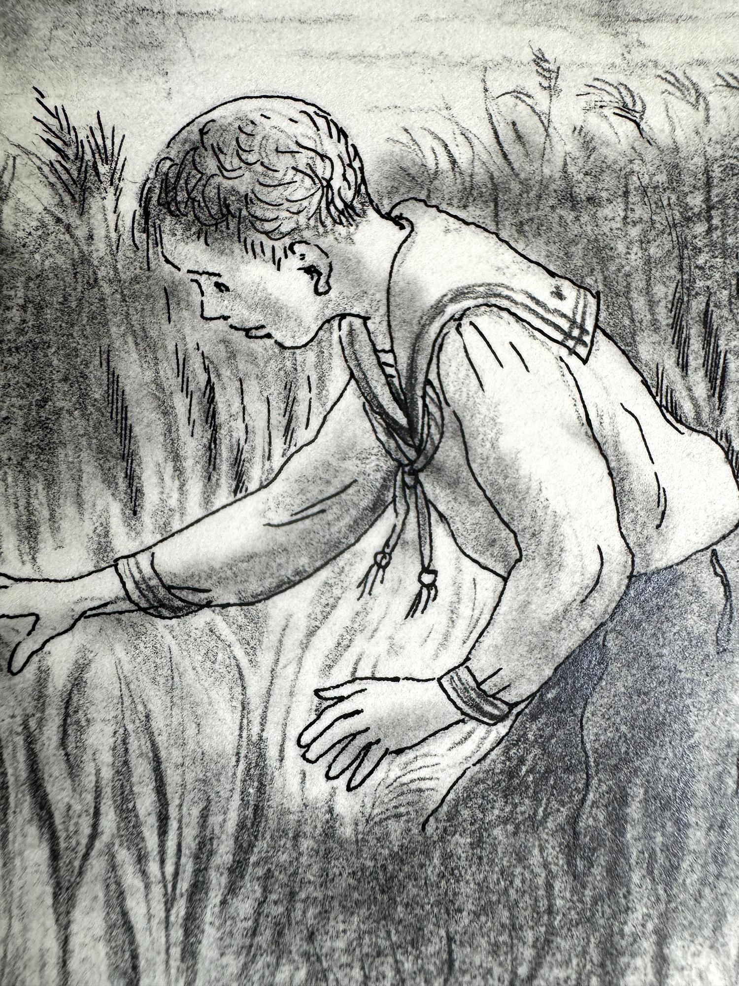 Cercando nell'erba alta - Illustrazione per libri di un'illustratrice donna,  Americana - Figurative Art Grigio di Peggy Bacon