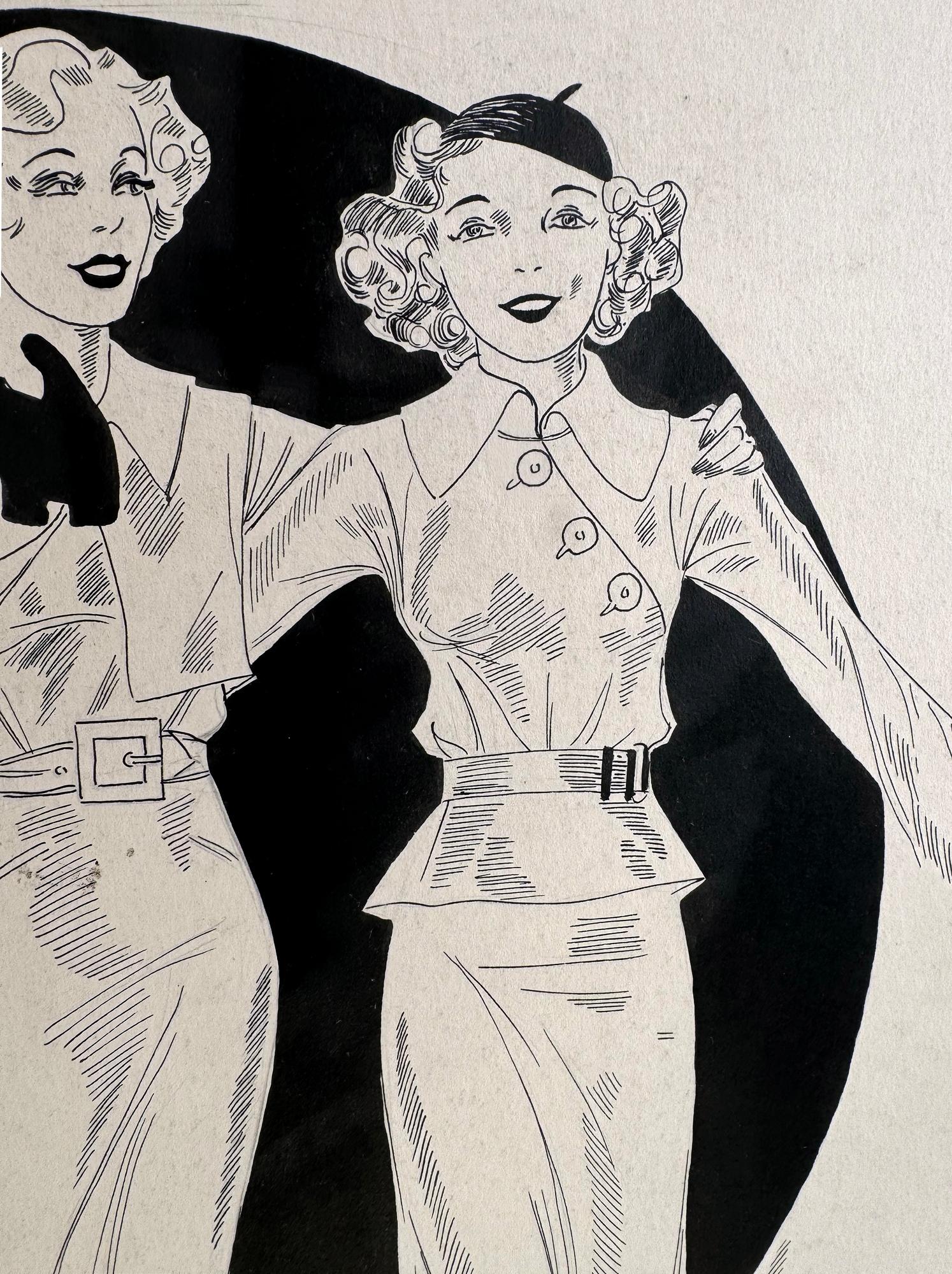 For your consideration,  we have a pen and ink drawing of an interpretation of The Three Graces, who strike a pose for a 1930s fashion ad.   In Greek mythology, they were goddesses who personified beauty, grace, and charm. To the left, as an inset
