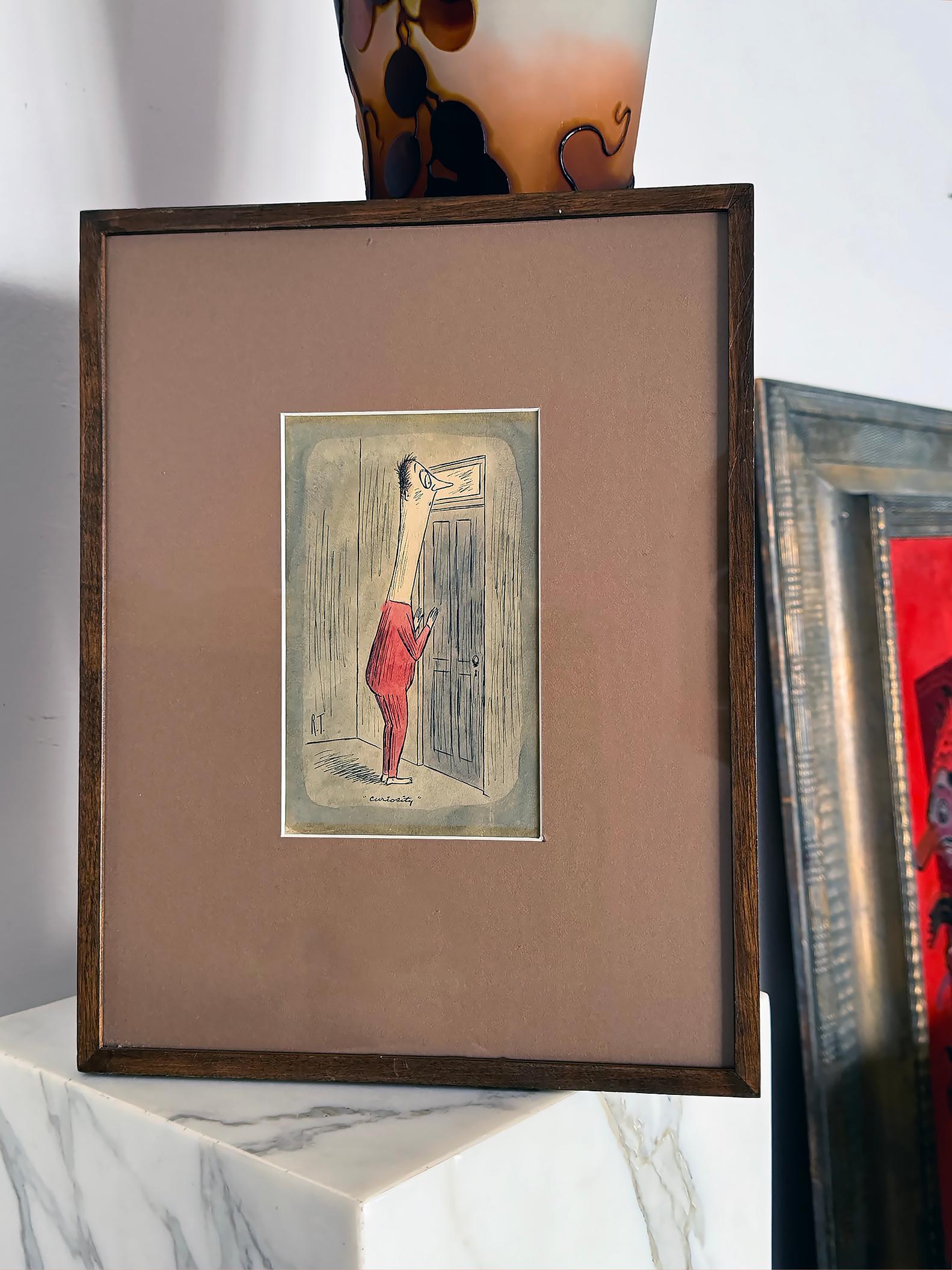 Giraffenmann.  Die ausgeprägte Neugier des Menschen bewirkt eine unerwartete körperliche Veränderung. 
Paraphiert R. T. unten links. Gerahmt unter Glas. Gerahmt Größe 13,5 x 10,38

Quelle:  Biografie aus der Bibliothek und den Archiven