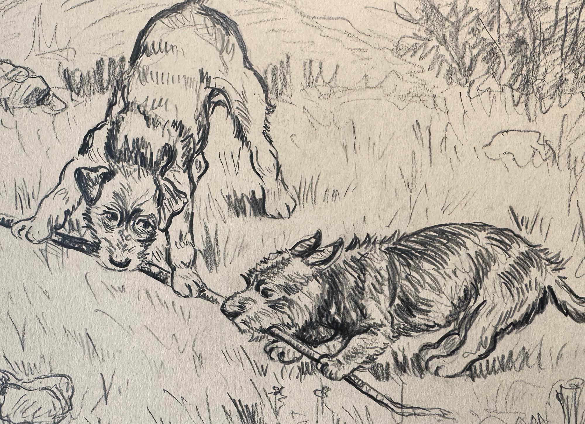 Deux chiens jouant avec un terrier écossais  Femme illustratrice de l'animalier de l'âge d'or - Beige Portrait par Gladys Emerson Cook