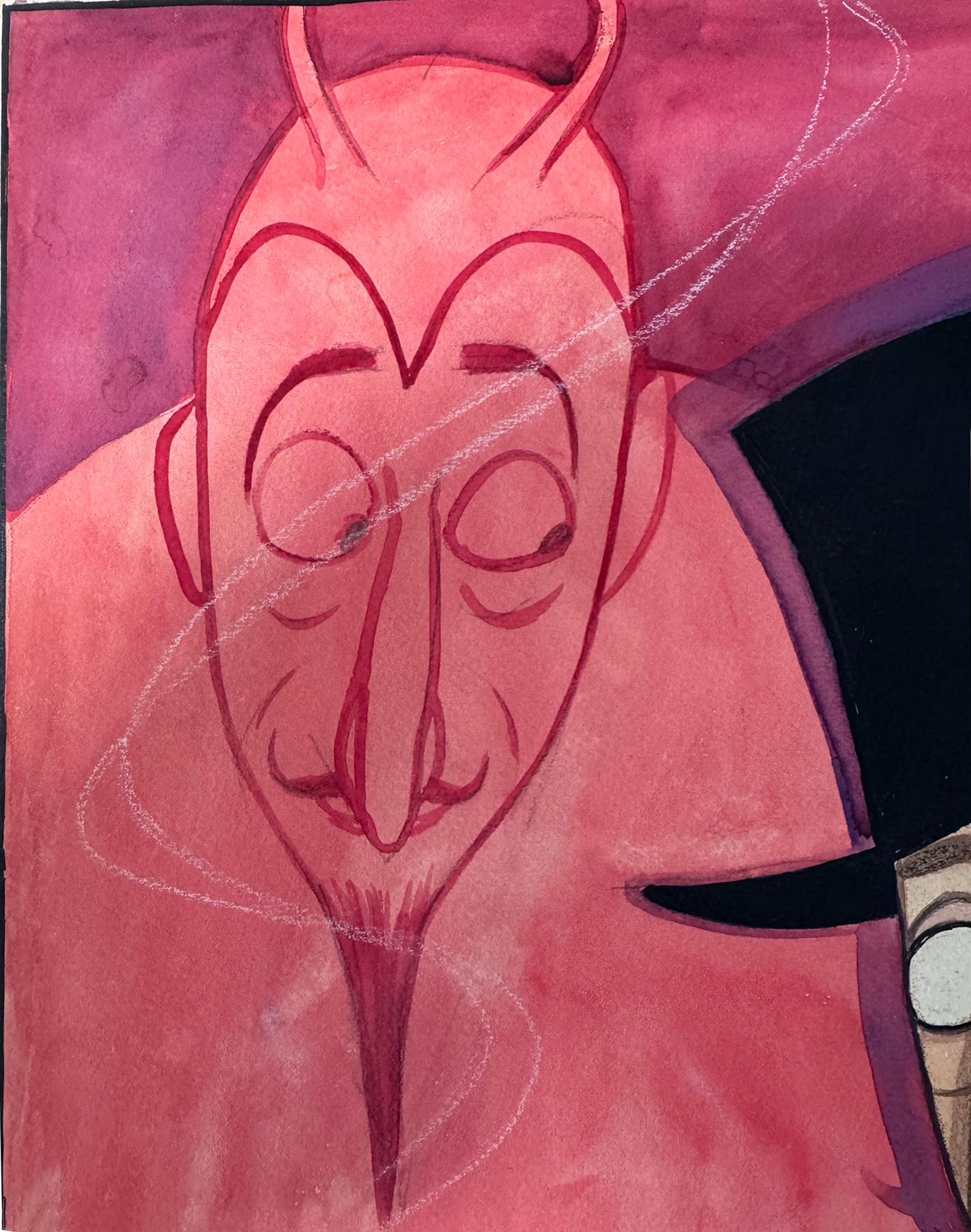 Framed Cuban Artist/Caricaturist Conrado Walter Massaguer presents Hollywood star Adolphe Menjou in a satirical dual portrait. In the foreground, the subject is seen in a dapper top hat, tux, fashionable cigarette and boutonnière, and is shown as