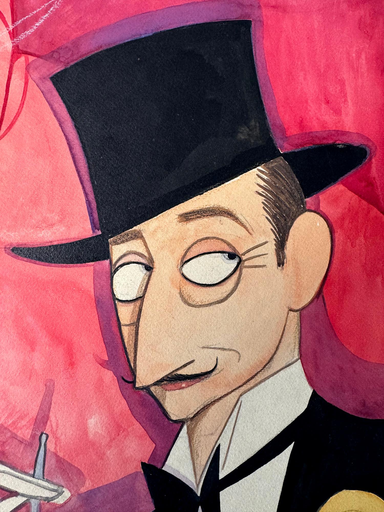 Cuban Artist  - Caricature of Adolphe Menjou Debonair Devil - Pink Figurative Art by Conrado Massaguer