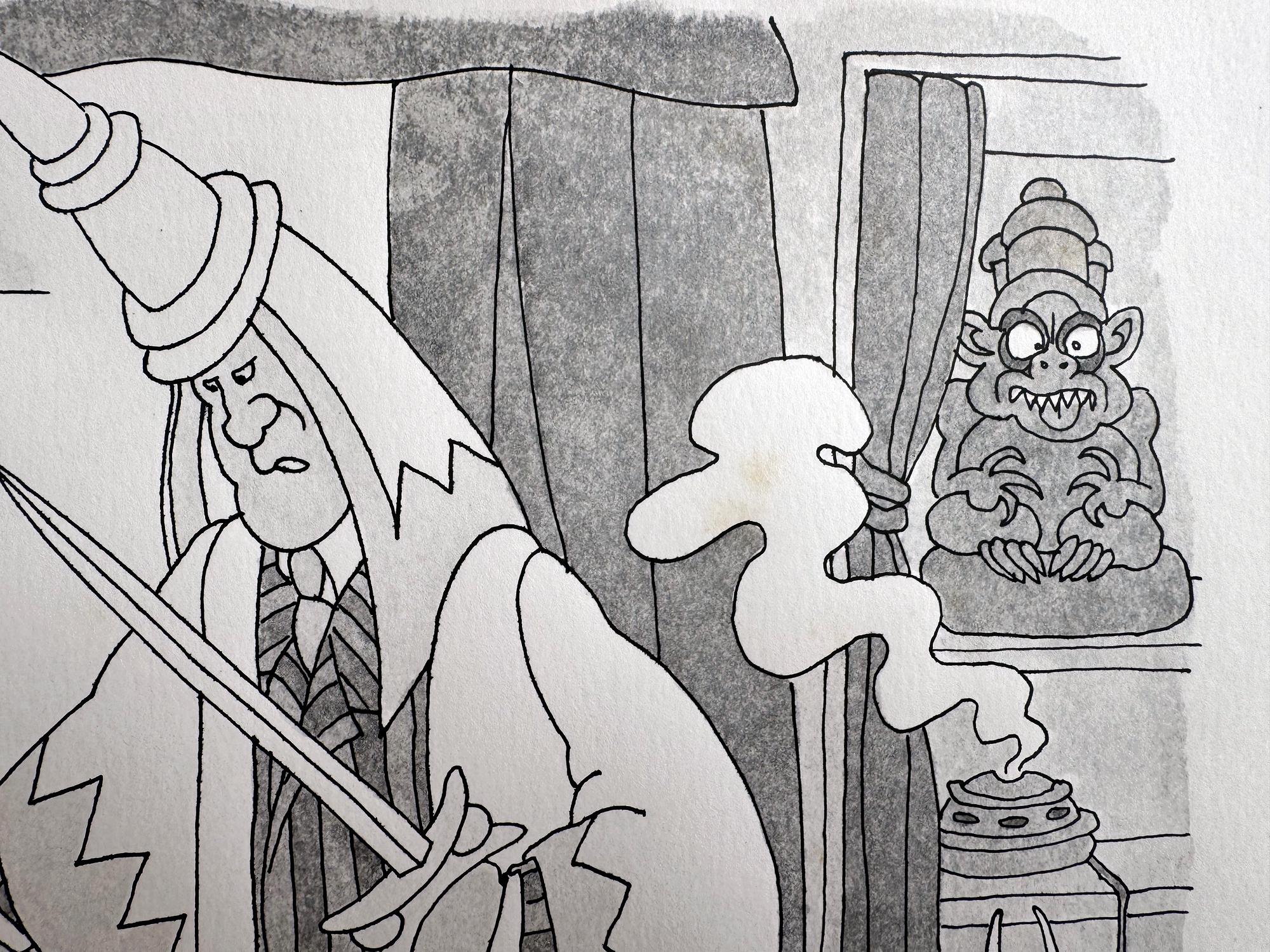 Sacrificio macabro en la oficina - New Yorker Cartoon Dark Humor - Animal Art Gris de Gahan Wilson