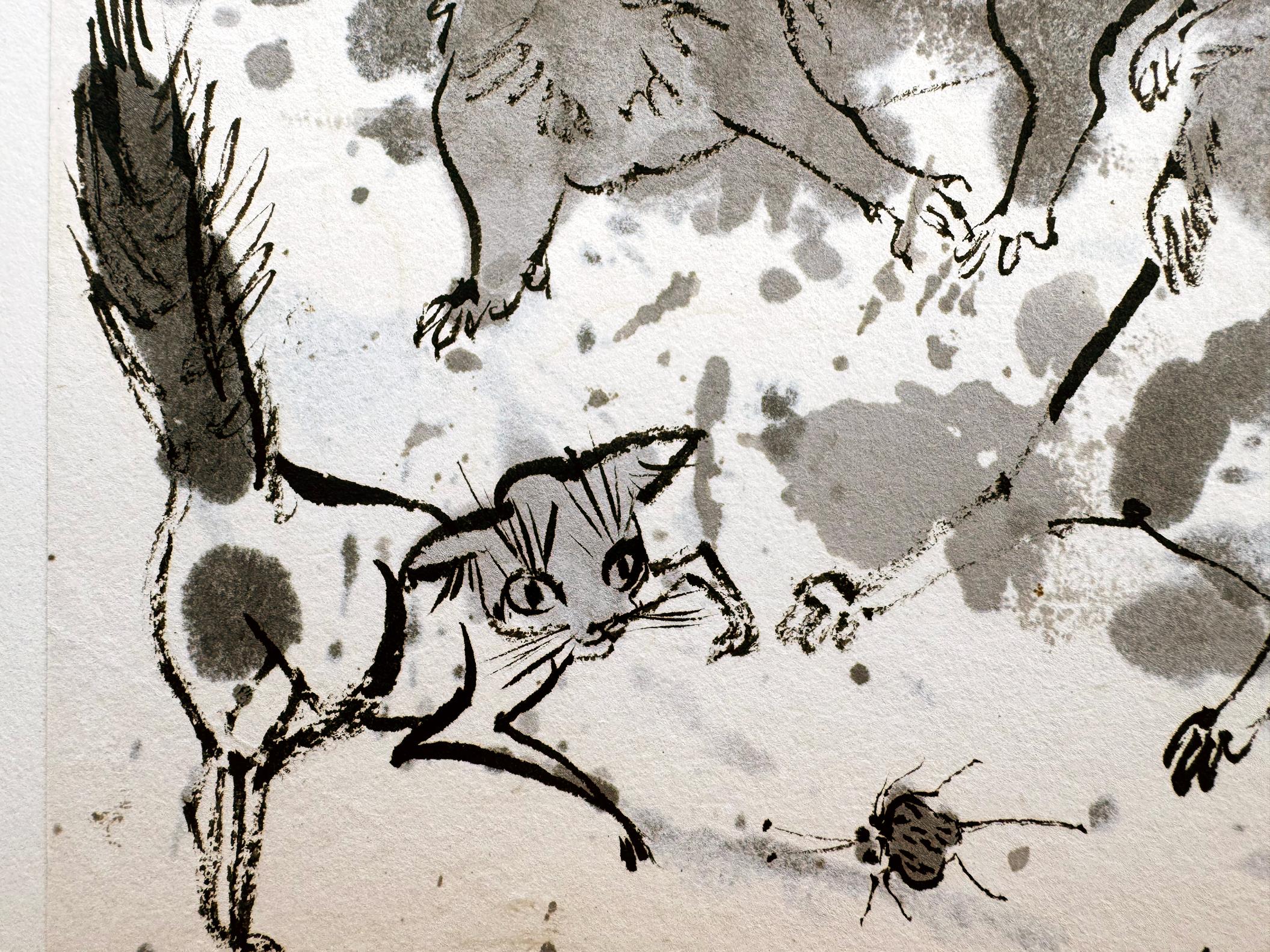 Portrait de chat, chien, oiseau, singe, hibou, coccinelle  - Illustration d'animaux en alerte - Modernisme américain Art par Juliet Kepes