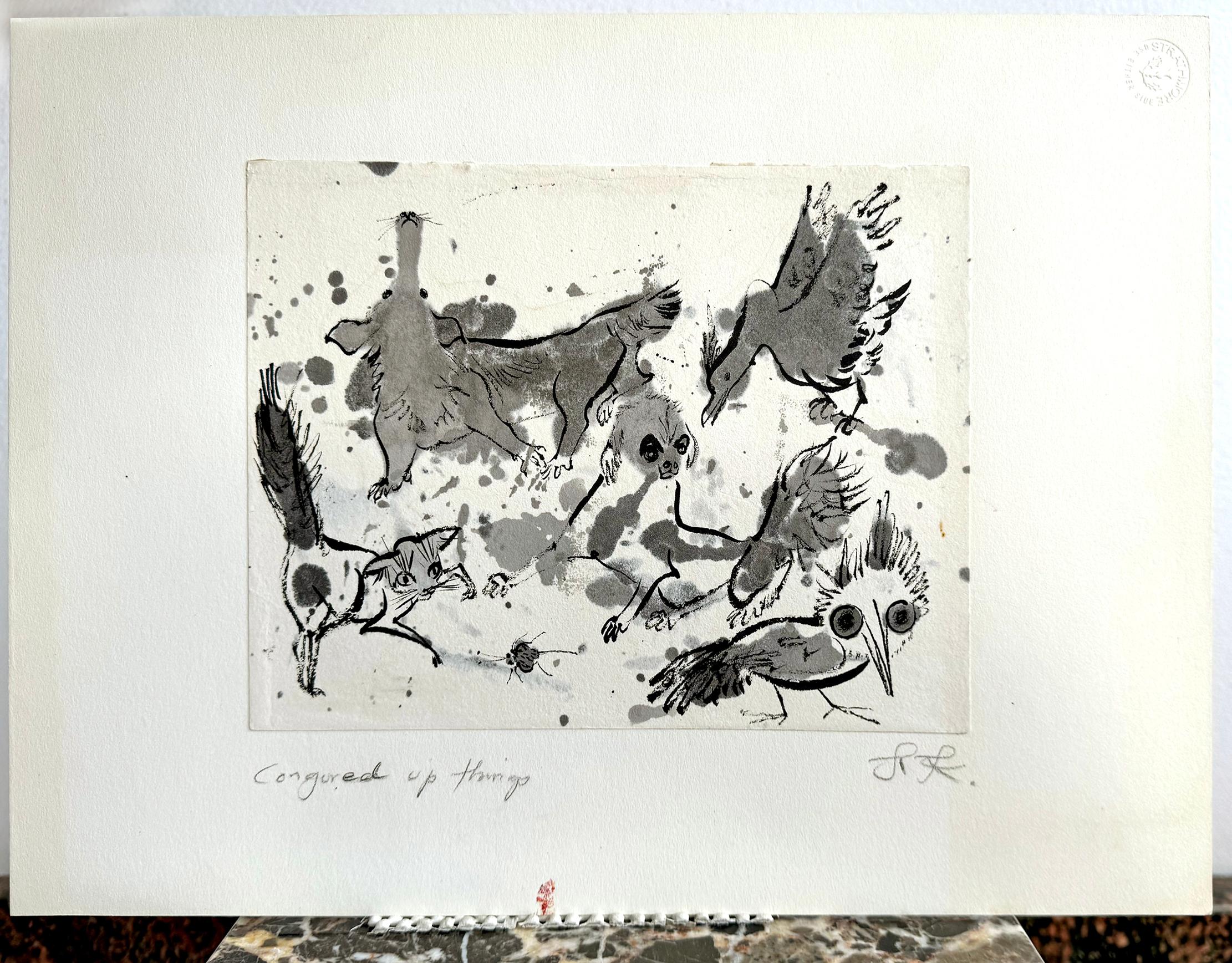Portrait de chat, chien, oiseau, singe, hibou, coccinelle  - Illustration d'animaux en alerte en vente 9