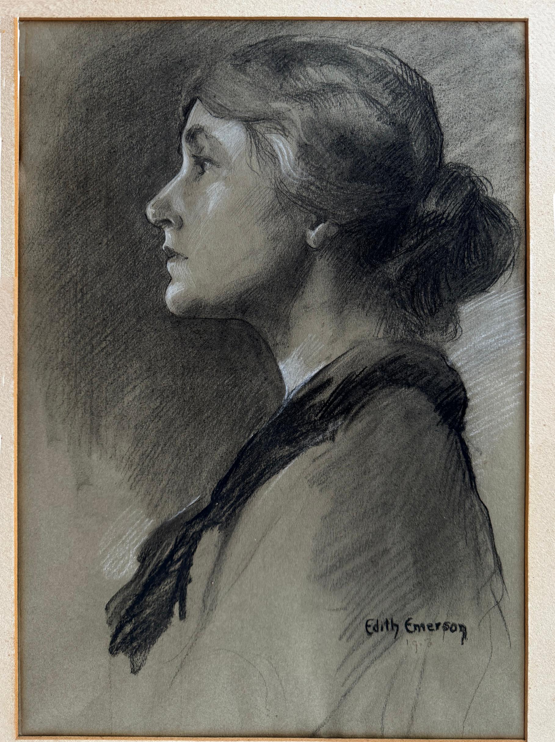 Étude académique de profil d'une personne assise à l'arc haut. 
Signé en bas à droite et daté faiblement 1916
Edith Emerson (27 juillet 1888 - 21 novembre 1981) était une peintre, muraliste, illustratrice, écrivain et conservatrice américaine. Elle