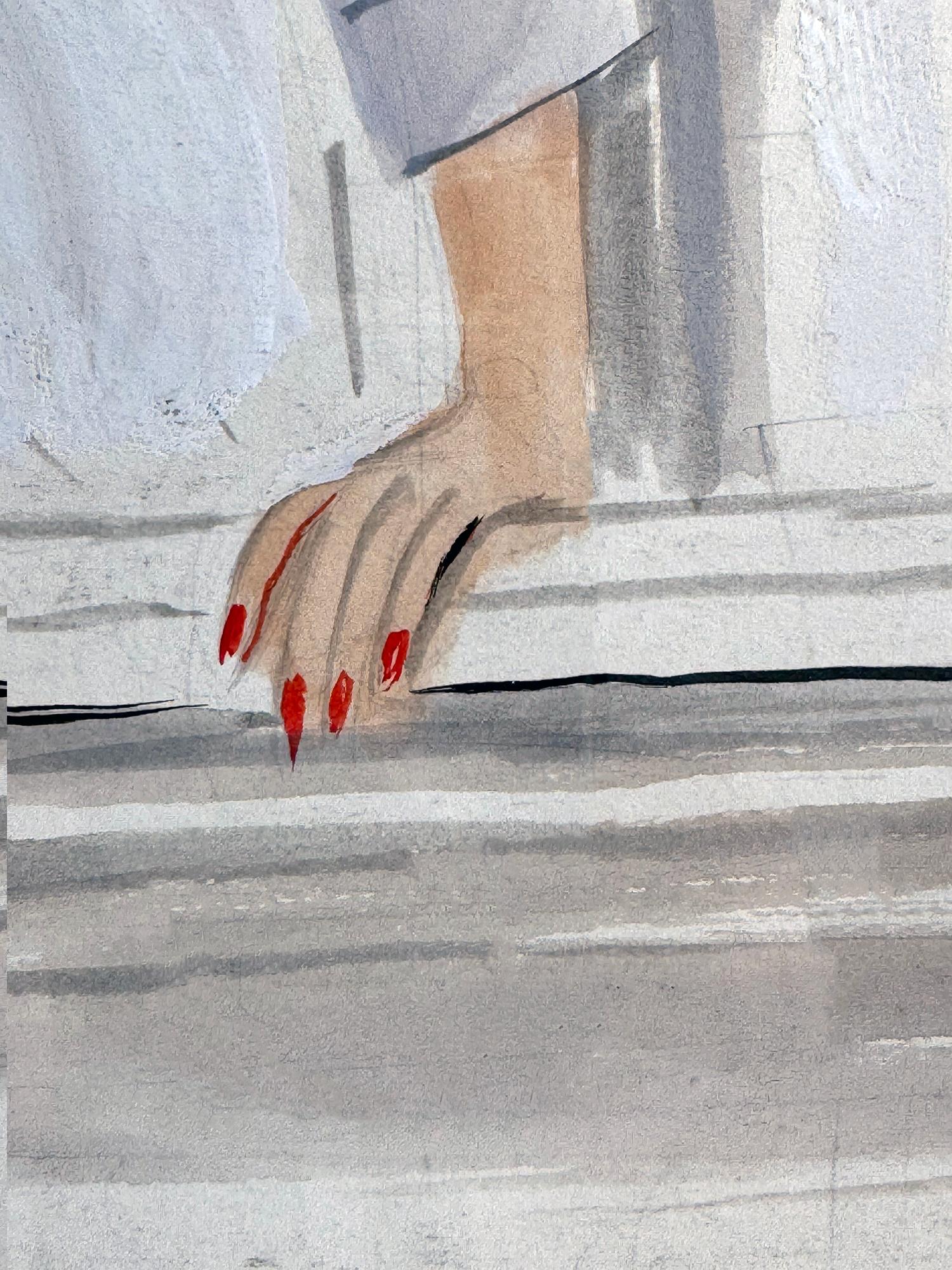 Questa illustrazione di alta moda è stata probabilmente creata tra il 1938 e il 1940 per un editoriale interno di un grande giornale, come Vogue o McCall's.  Mette in mostra le profonde conoscenze accademiche di Ruth Grafstrom eseguite con uno stile