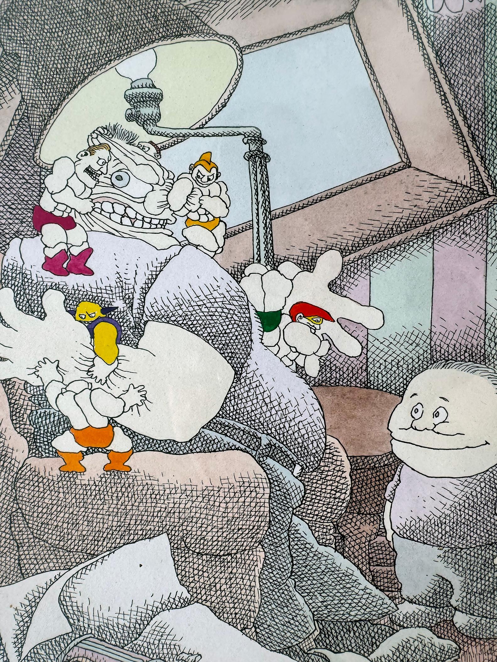 Macabro cartone animato I giocattoli dei bambini attaccano il padre - Cartone animato di Playboy - Art Outsider Art di Gahan Wilson