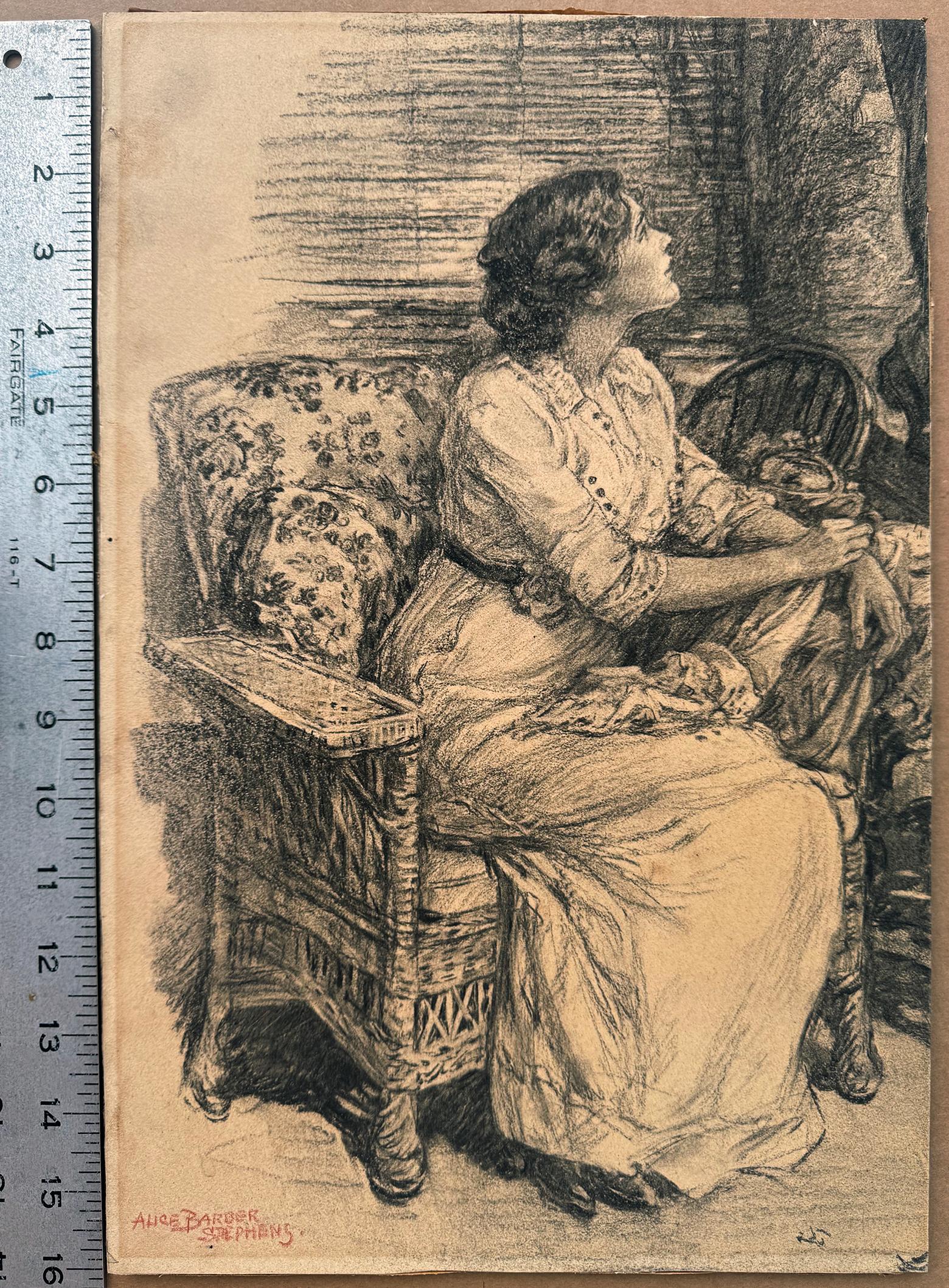 Attractive Young Woman Sitting in Chair and Looking Upwards in Domestic Setting For Sale 1