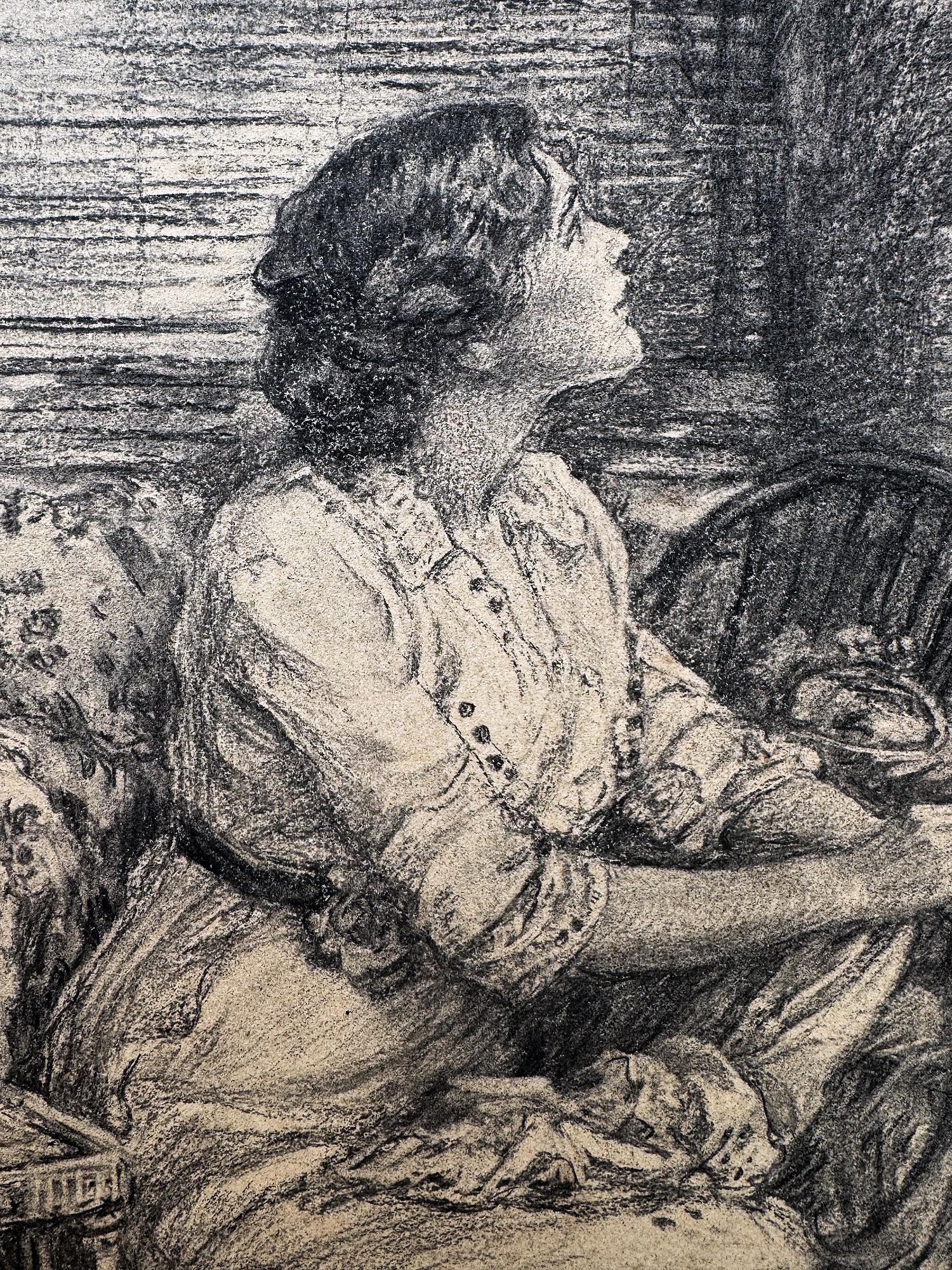 Female Illustrator of the Golden Age Alice Barber Stephens renders in an academic style and women sitting in a chair and responding to something outside of the frame. 
Signed lower left. Most likely done for a major newsstand magazine like 