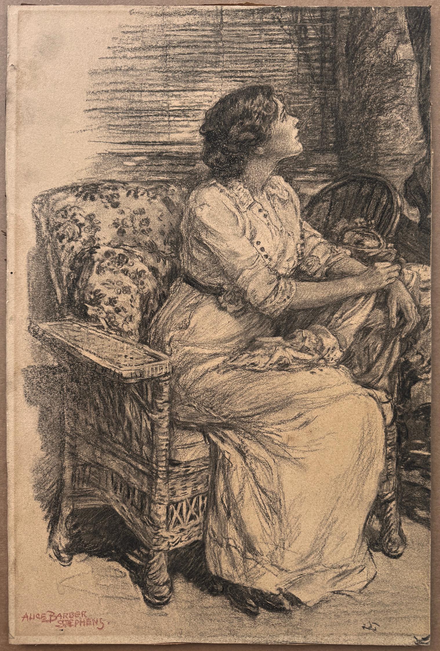 Attractive Young Woman Sitting in Chair and Looking Upwards in Domestic Setting For Sale 5