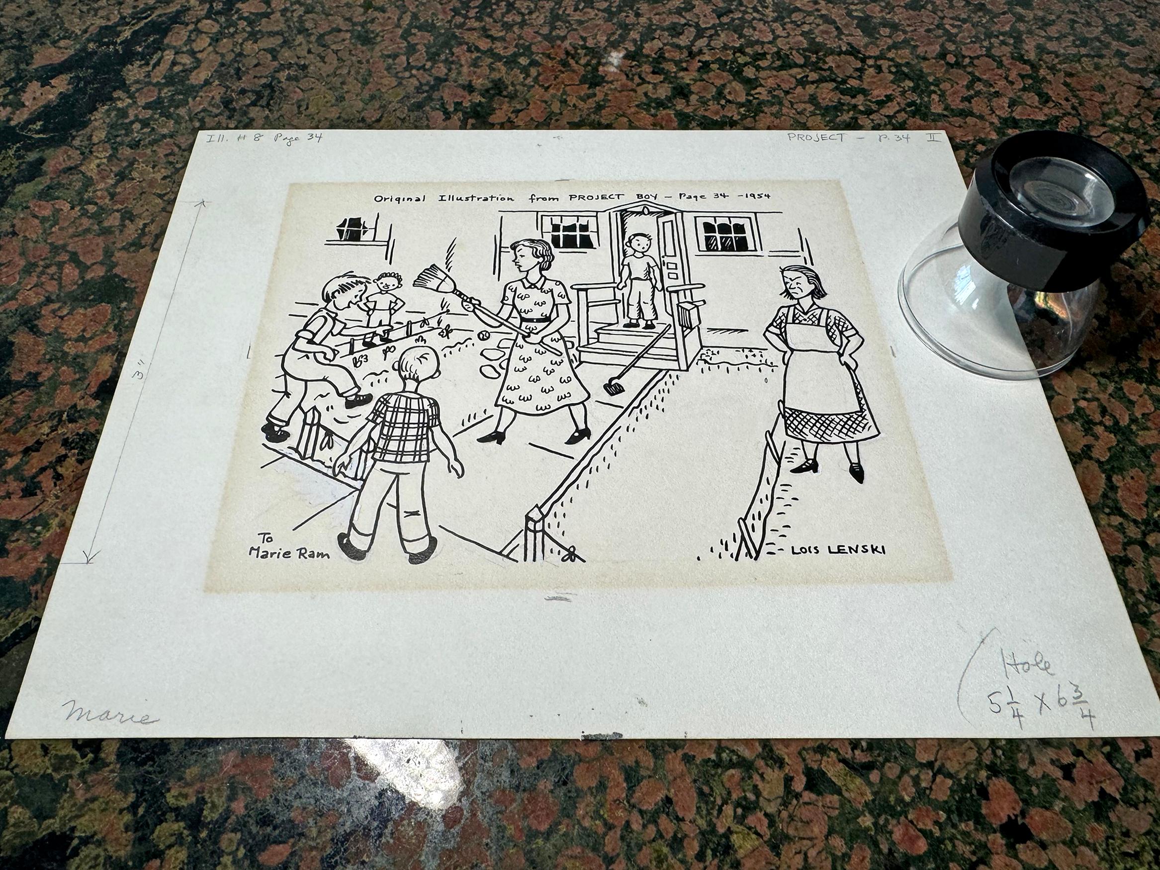 Children's Book Illustrator Lois Lenski draws a complex figural narrative in a style that is reminiscent of how her subject would draw it.   She deliberately uses black and white naive stick-like figures to evoke a childlike simplicity.  Signed