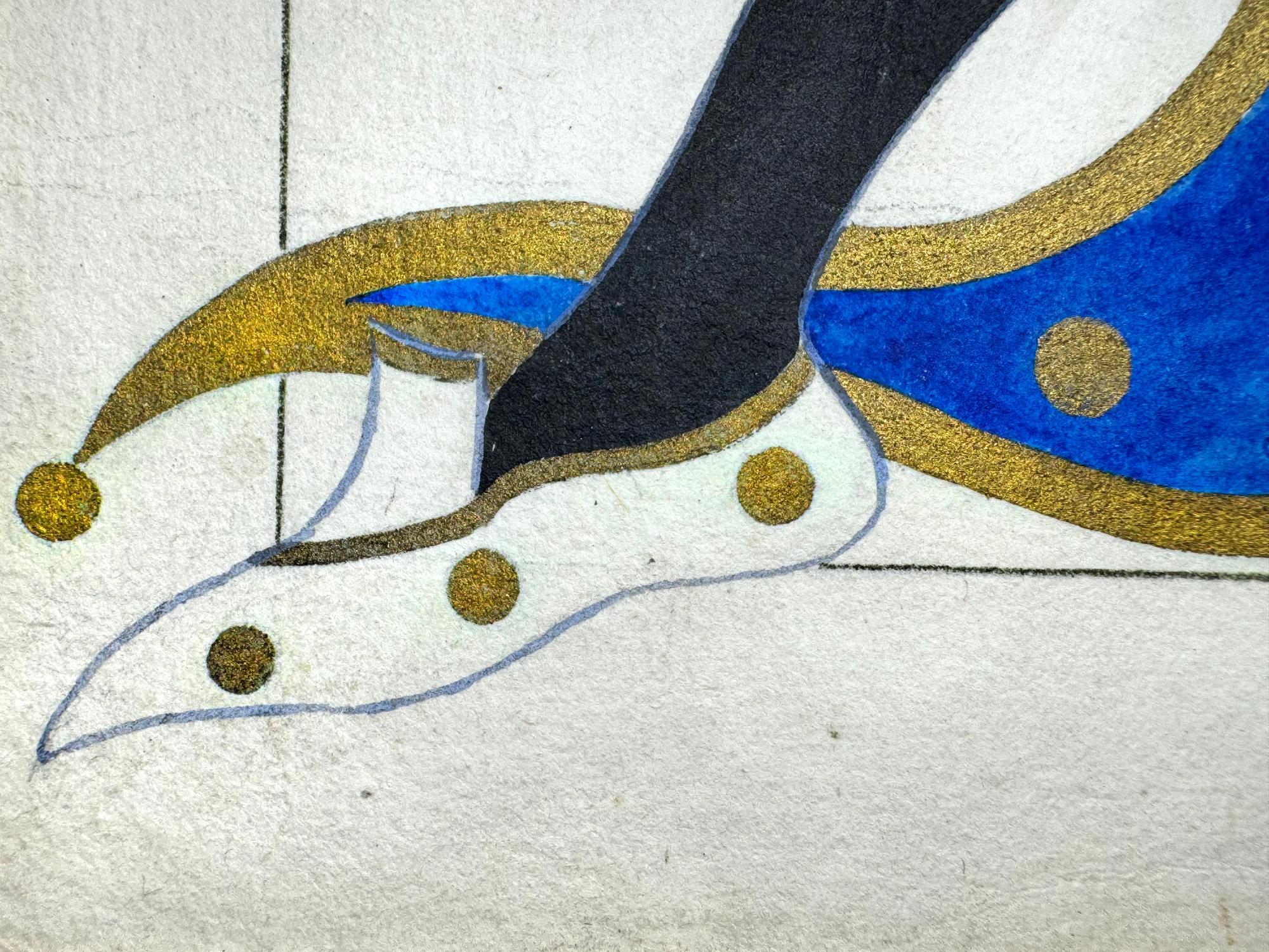 Natacha Rambova entwirft fantasievoll ein Kostüm für Cecil B. DeMilles Film von 1921  Das Paradies der Narren: Paramount.  Gouache, Aquarell, Bleistift, Silber- und Bronzemetallic auf Papier gemalt. Forbidden Fruit 
