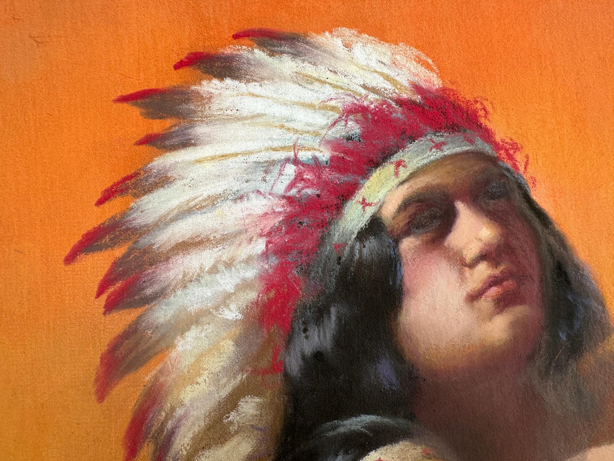 Die Illustratorin Adelaide Hiebel stellt Hiawatha und ihren Ehemann Minnehaha in heroischer Pose auf einer Klippe vor der grandiosen Kulisse der Natur in einem idealisierten Doppelporträt dar.  Mit dem Verständnis für die emotionale Verwendung der