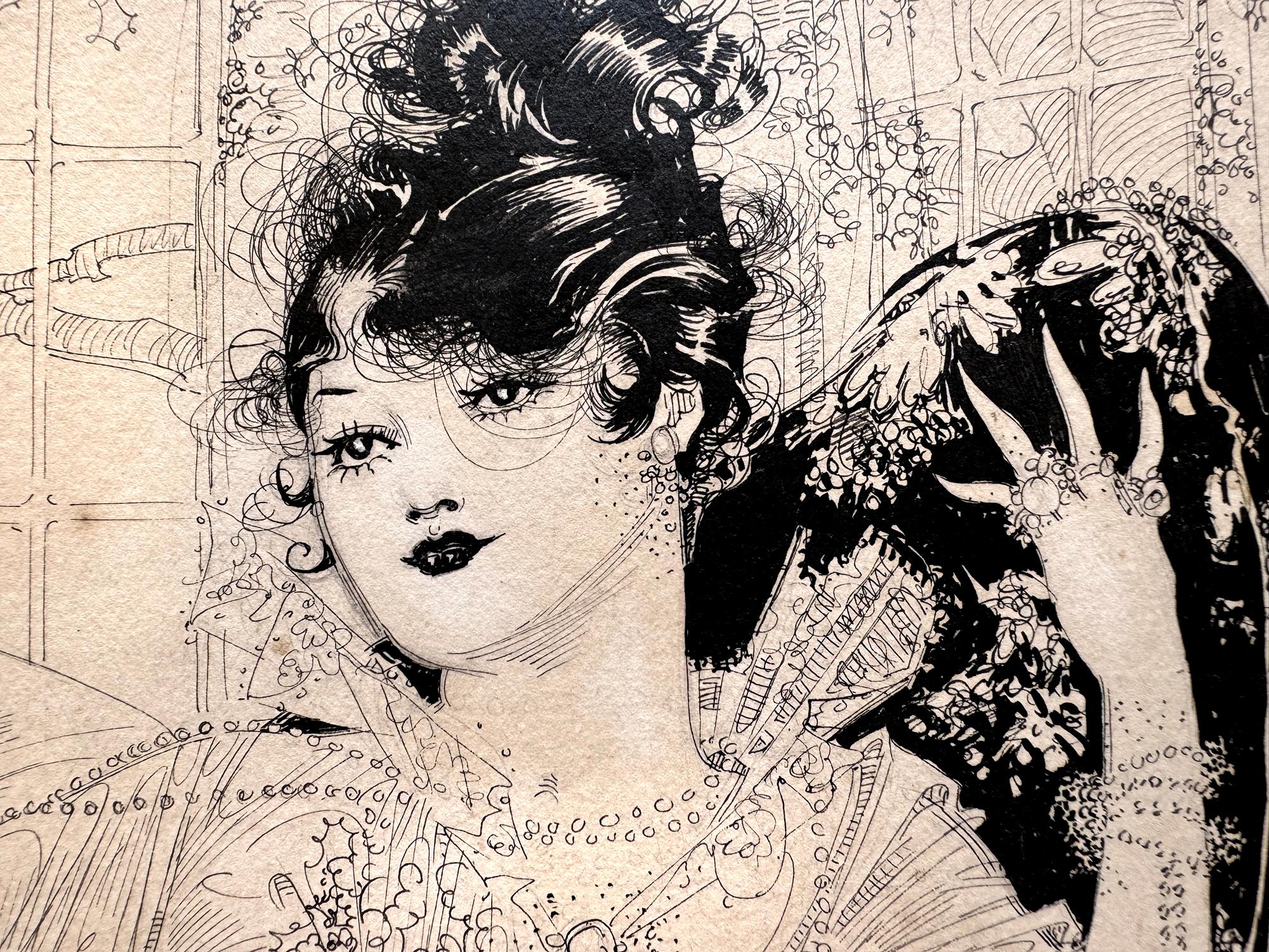 Woman Daydreaming of her Prince Charming - Beige Portrait by Nell Brinkley