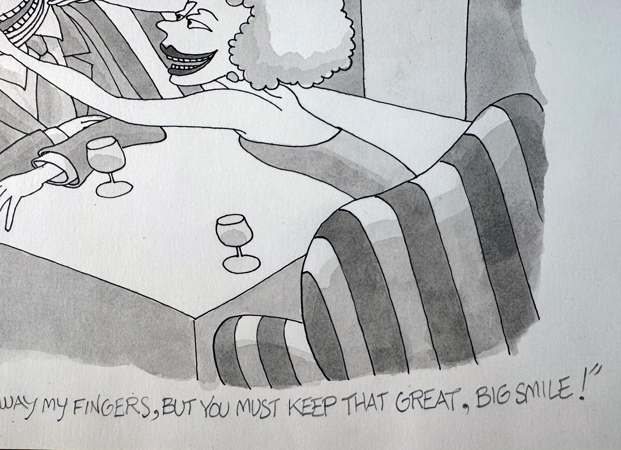 If a smile is an expression of momentary happiness, then the female in this cartoon appears driven to turn a moment into a more extended period of time.  Leave it to Gahan Wilson to think up a unique perspective on human behavior and then execute it