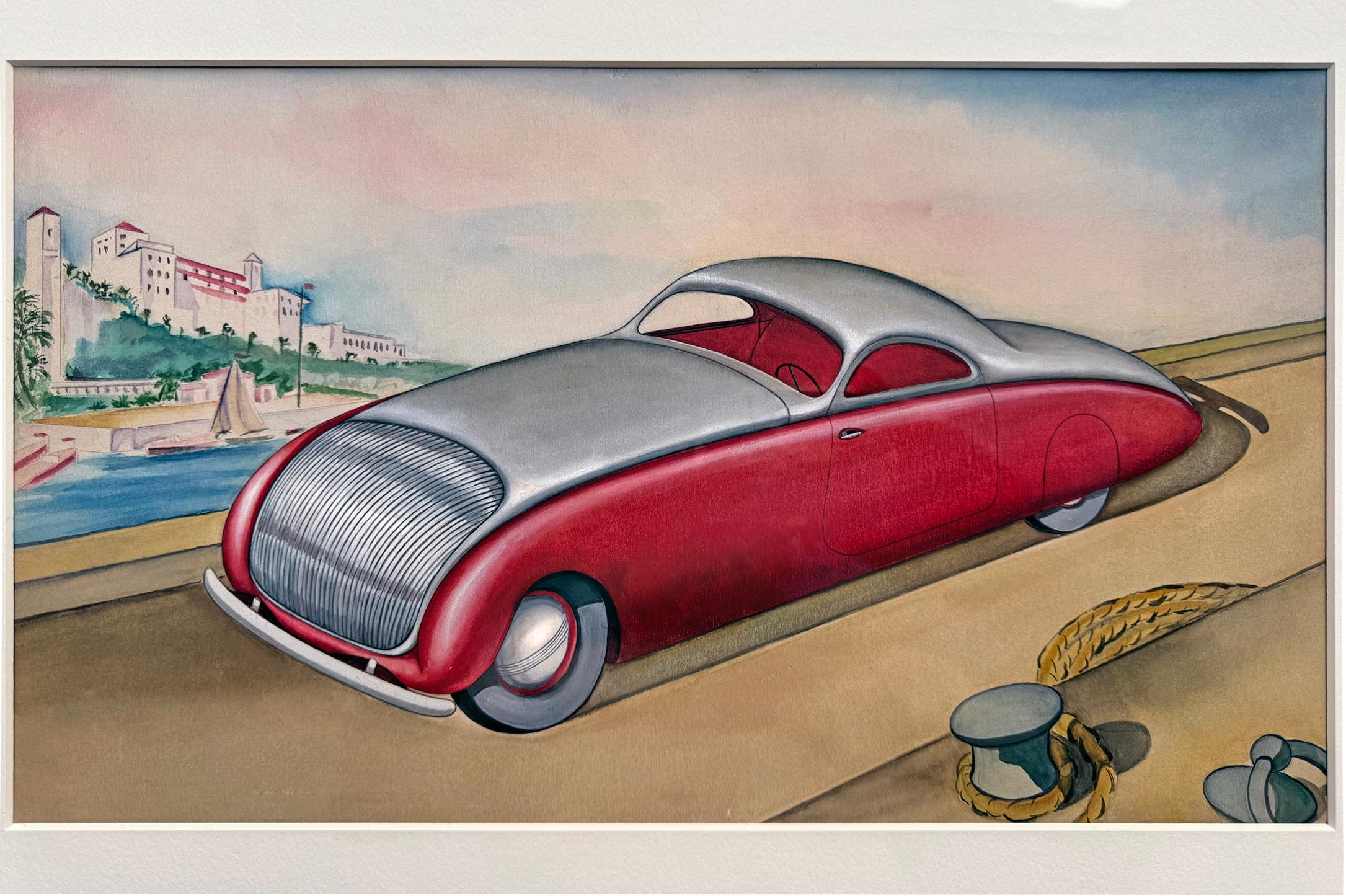 Klassische Autos, Stromlinienförmiges Coupé Art Deco Oldtimer  Automobilia (Braun), Landscape Art, von George Hildebrand 