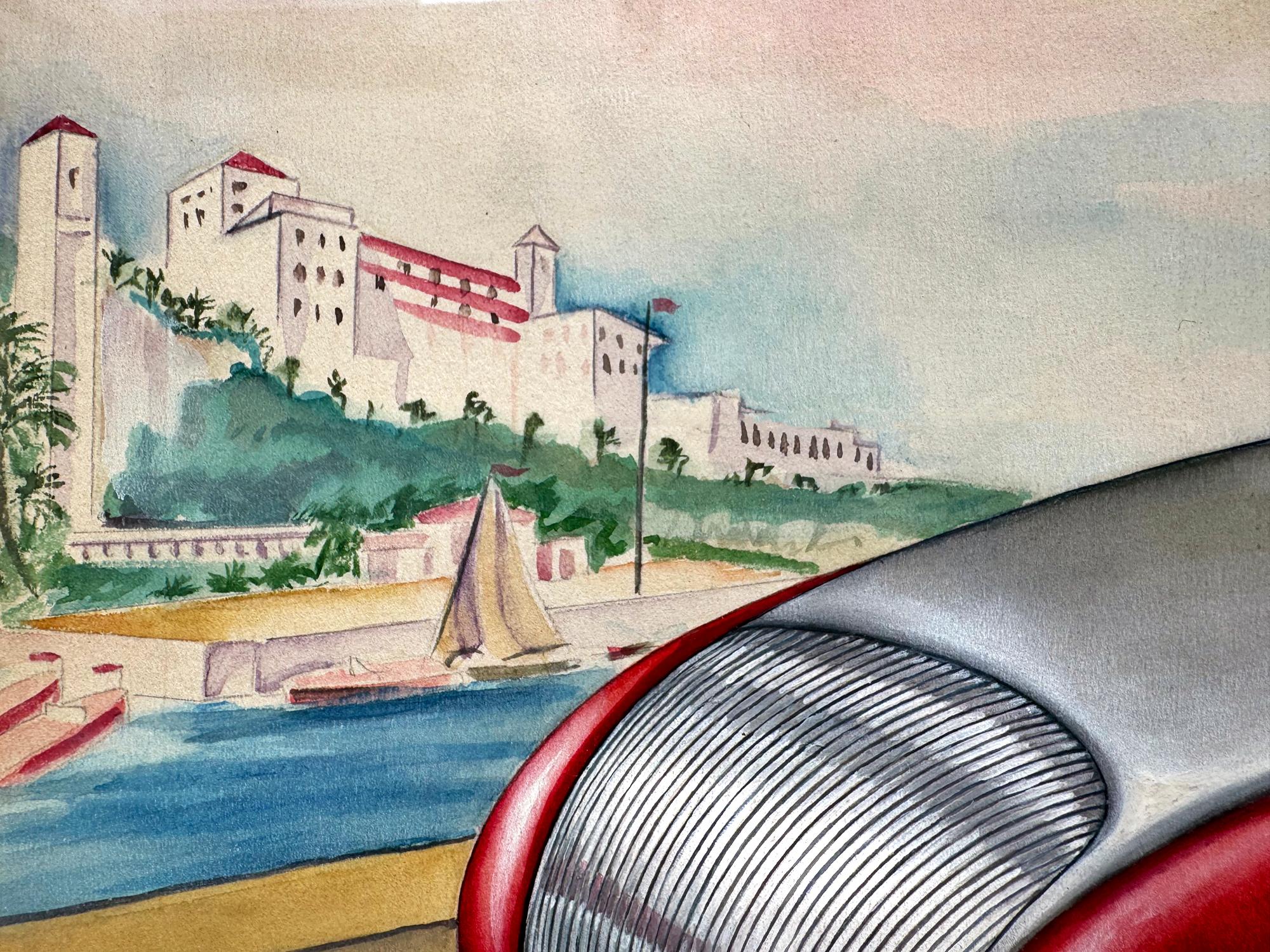 Automobil  und Industriedesigner George Hildebrand entwirft eine konzeptionelle Illustration eines stromlinienförmigen Coup-Designs, das eine Ikone aerodynamischer Linien und eleganter Designelemente ist, die den Art-Déco-Stil der 1930er Jahre