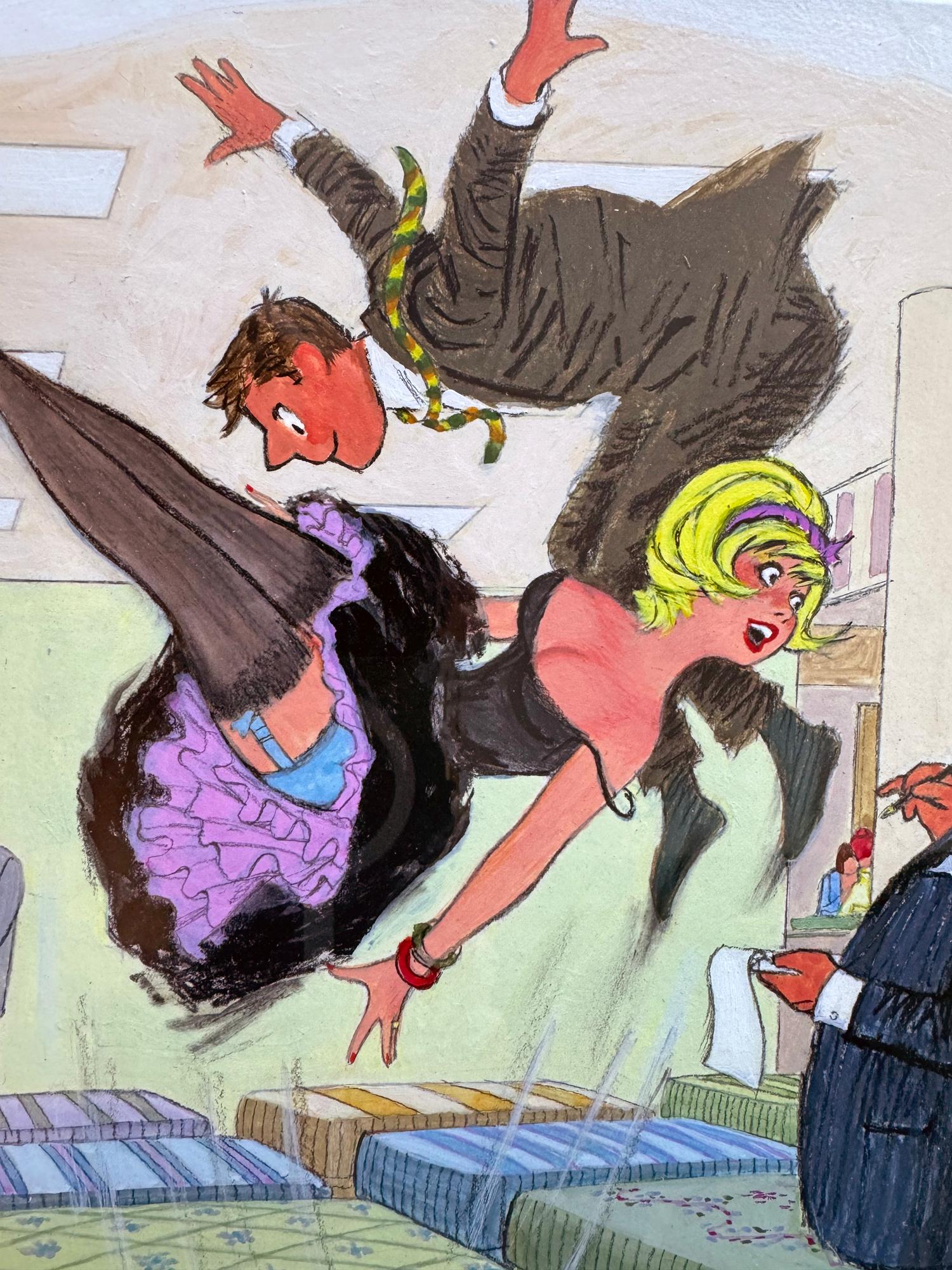 Dink Siegel es tanto un artista conceptual como un dibujante. 
En esta obra, Siegel representa el interior de una tienda de camas, con una atractiva pareja de jóvenes entrelazados en el aire, como si estuvieran rebotando en un trampolín en lugar de