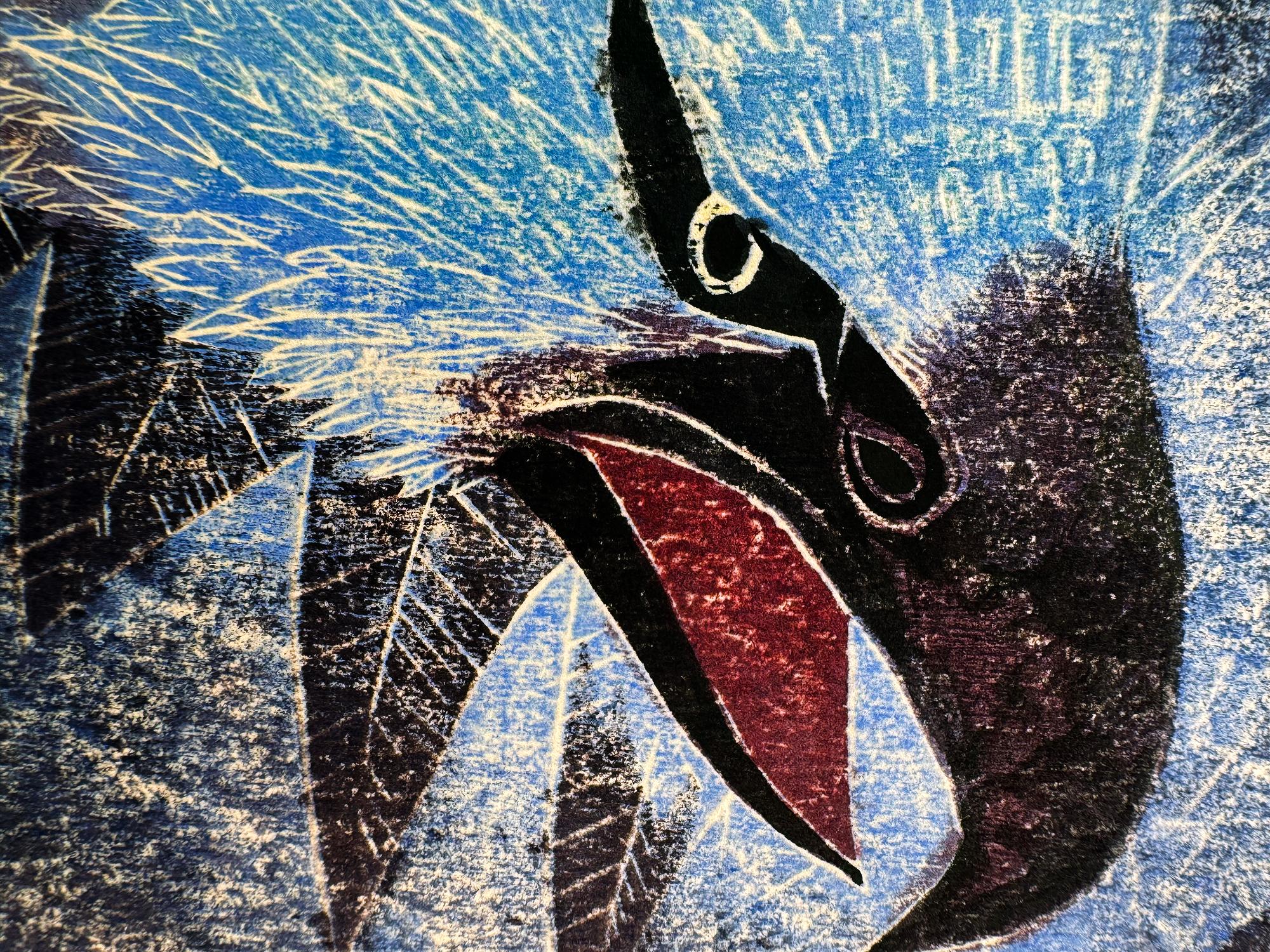 L'artiste américano-japonais George Suyeoka peint un aigle attaquant, les serres tendues, prêt à tuer sa proie.  Avec une teinte bleue, l'aspect et la sensation de l'œuvre d'art sont distinctement asiatiques, avec des éléments abstraits et