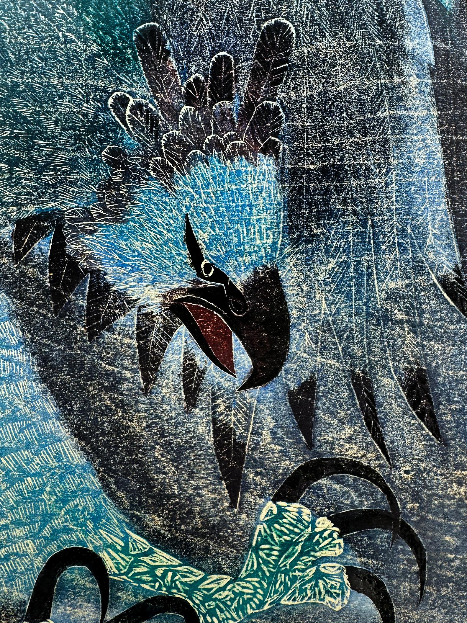 Aigle attaquant aux serres prêtes à frapper sa proie en bleu -Japonais-Américain - Impressionnisme américain Art par George Suyeoka