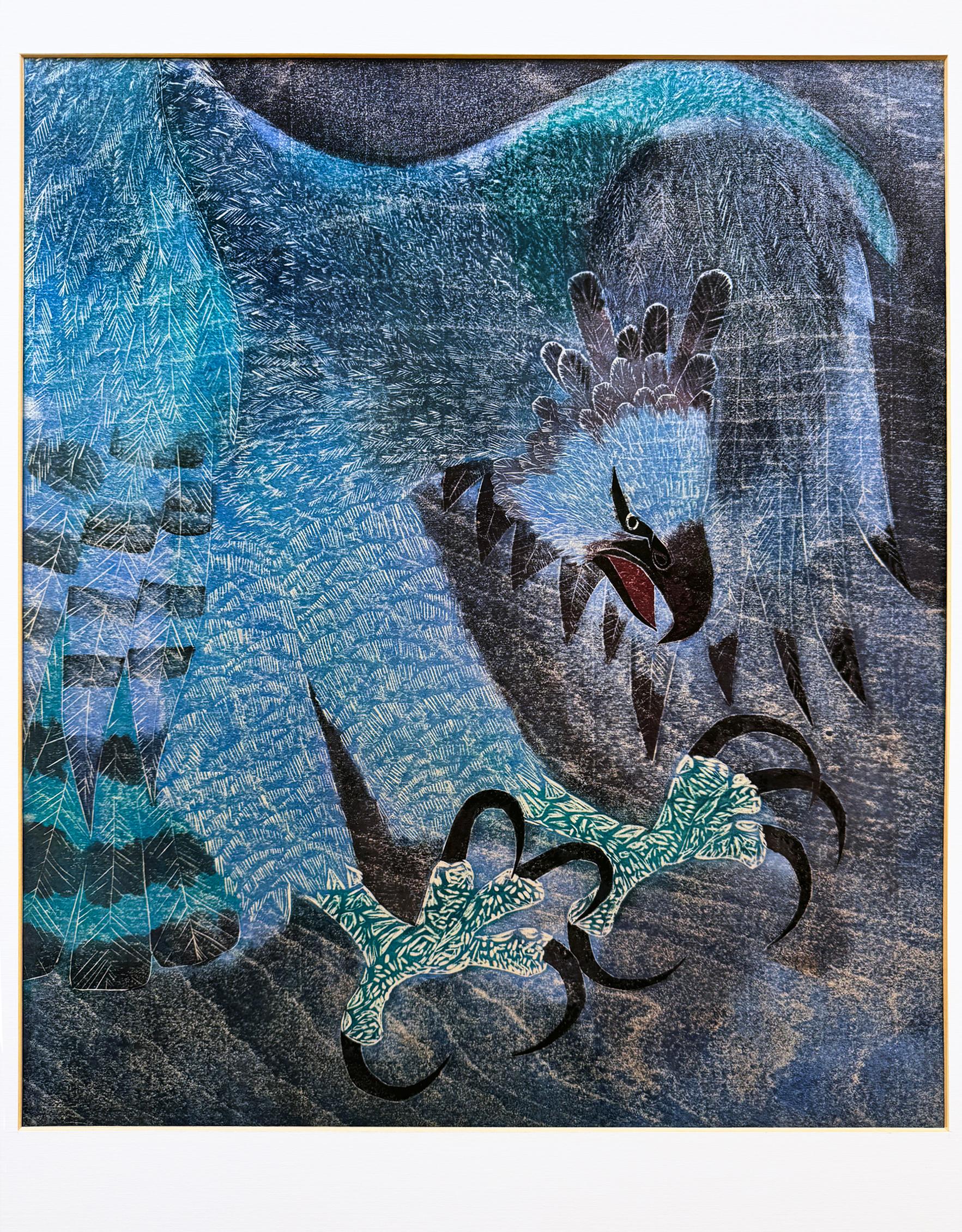 Aigle attaquant aux serres prêtes à frapper sa proie en bleu -Japonais-Américain en vente 4