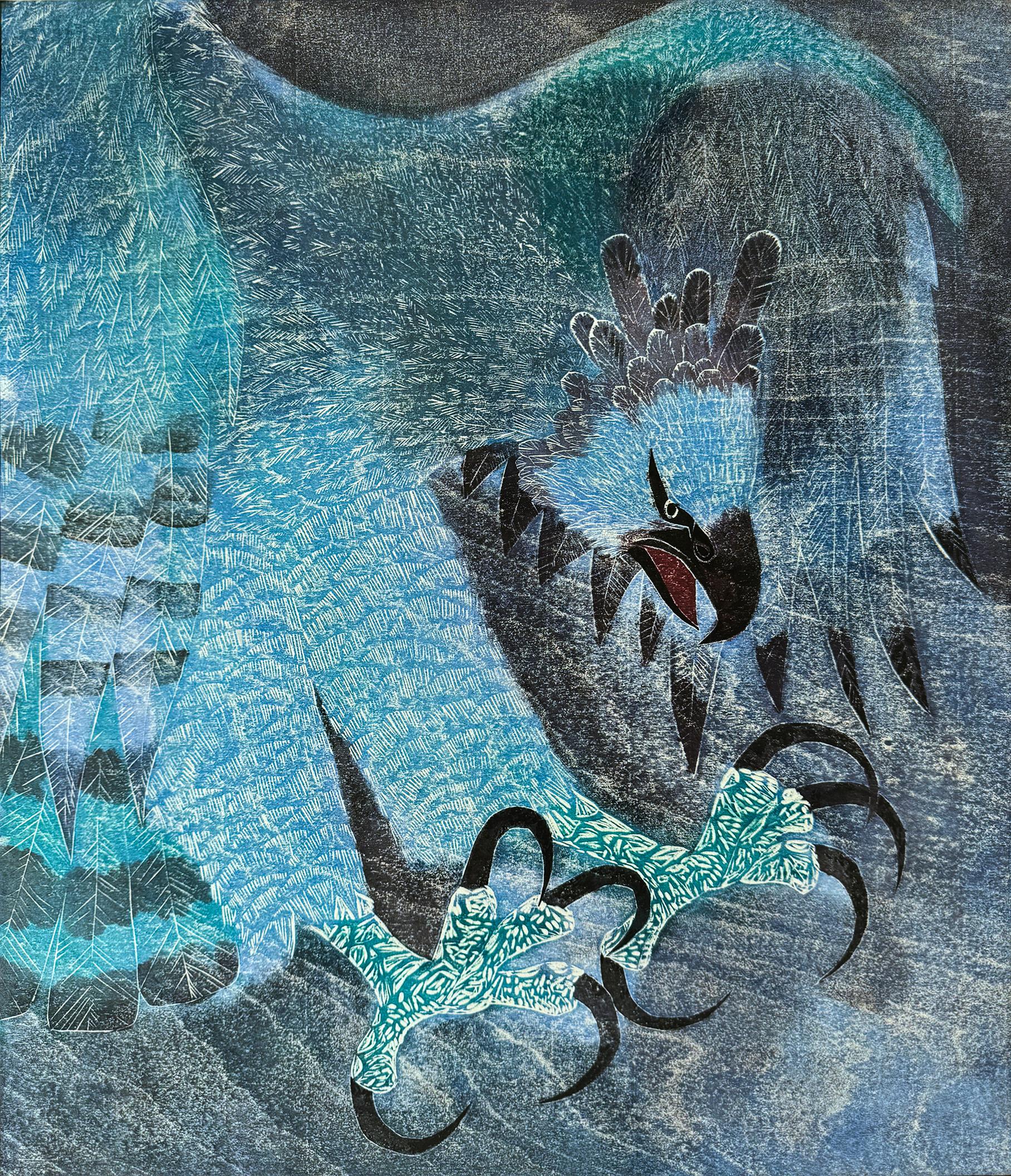Abstract Drawing George Suyeoka - Aigle attaquant aux serres prêtes à frapper sa proie en bleu -Japonais-Américain