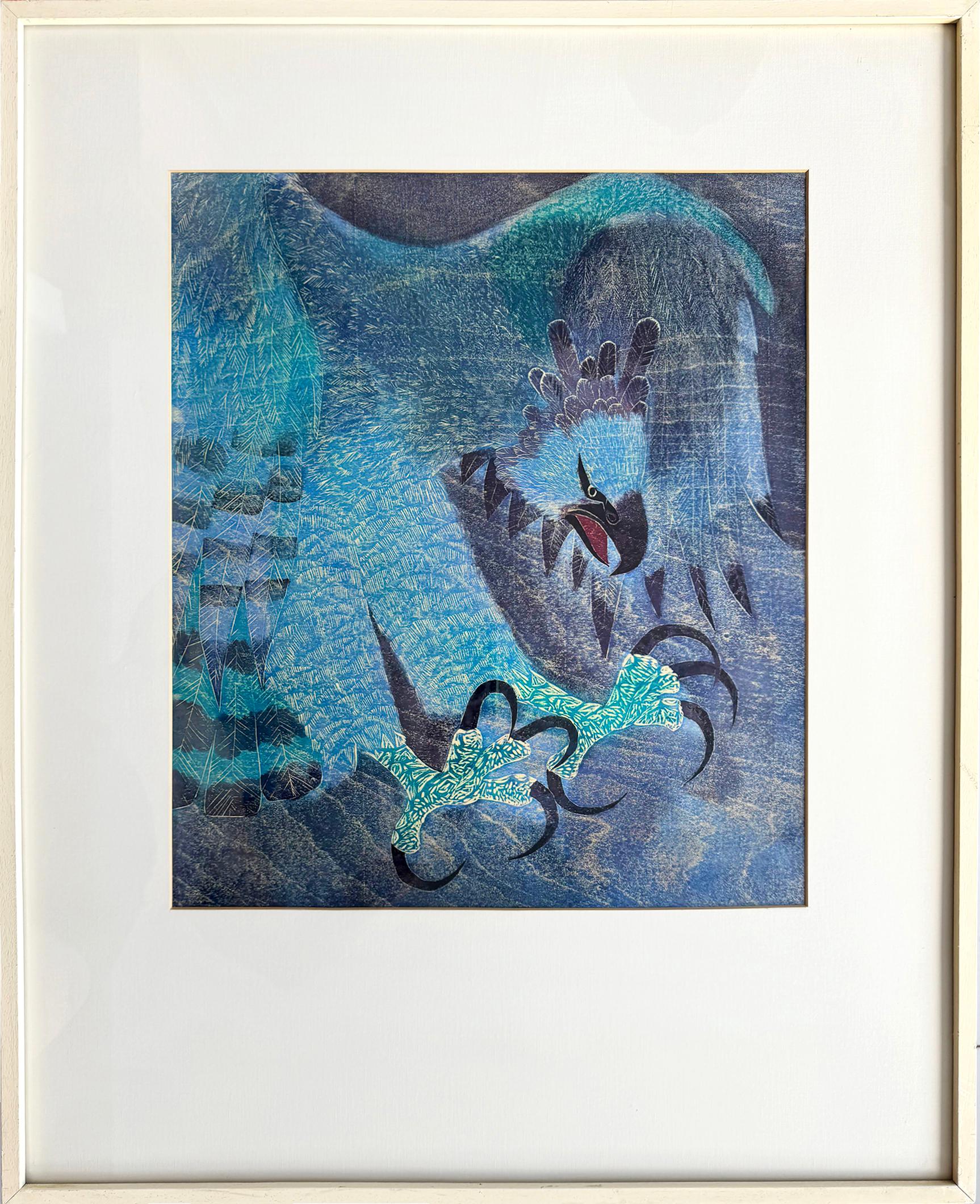 Aigle attaquant aux serres prêtes à frapper sa proie en bleu -Japonais-Américain - Art de George Suyeoka