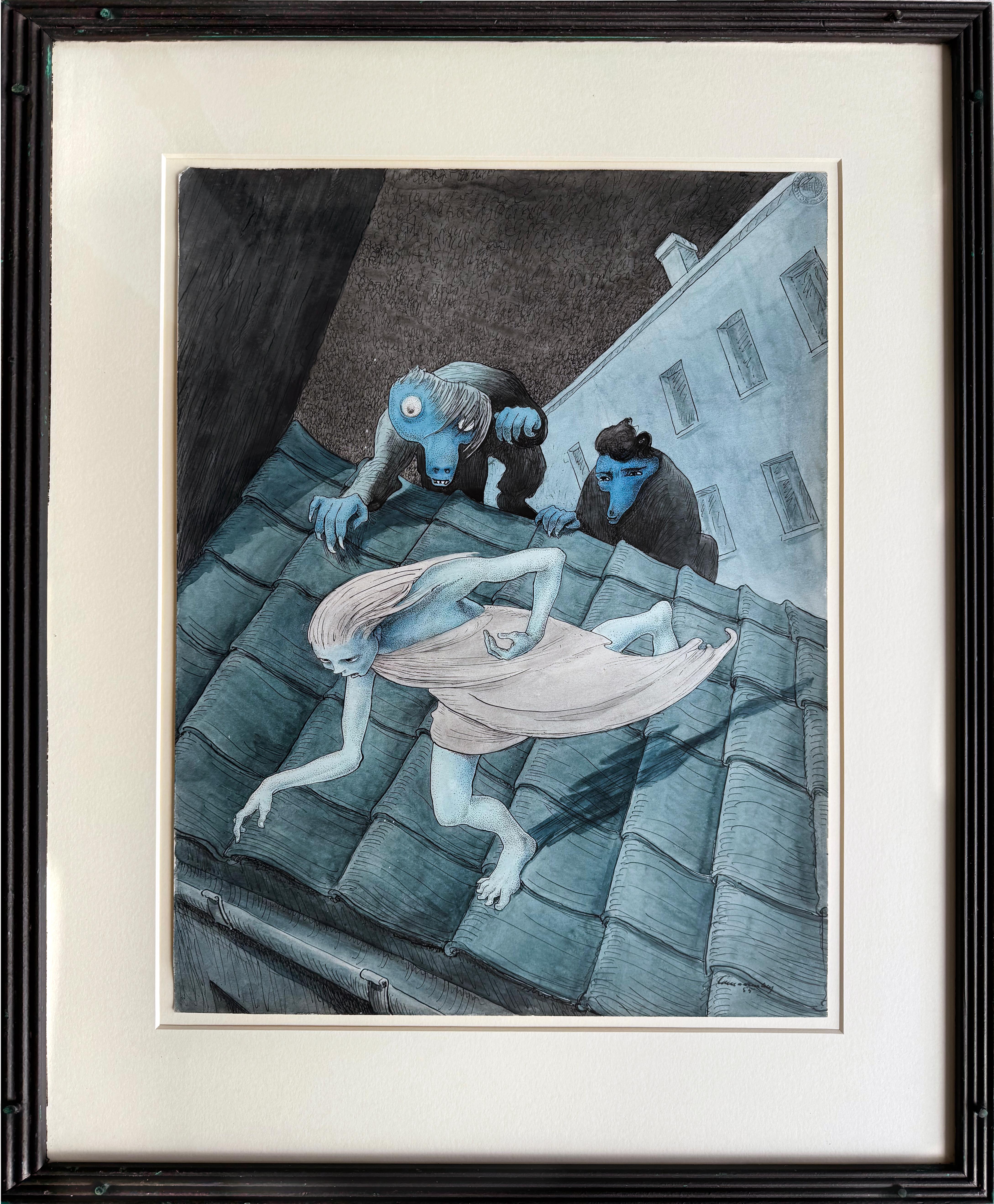 Échapper à des monstres inquiétants sur le toit la nuit  - Fantaisie macabre - Art de Walter Schnackenberg