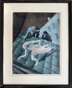 Nachts vor unheimlichen Monstern auf dem Dach fliehen  - Makabre Fantasie