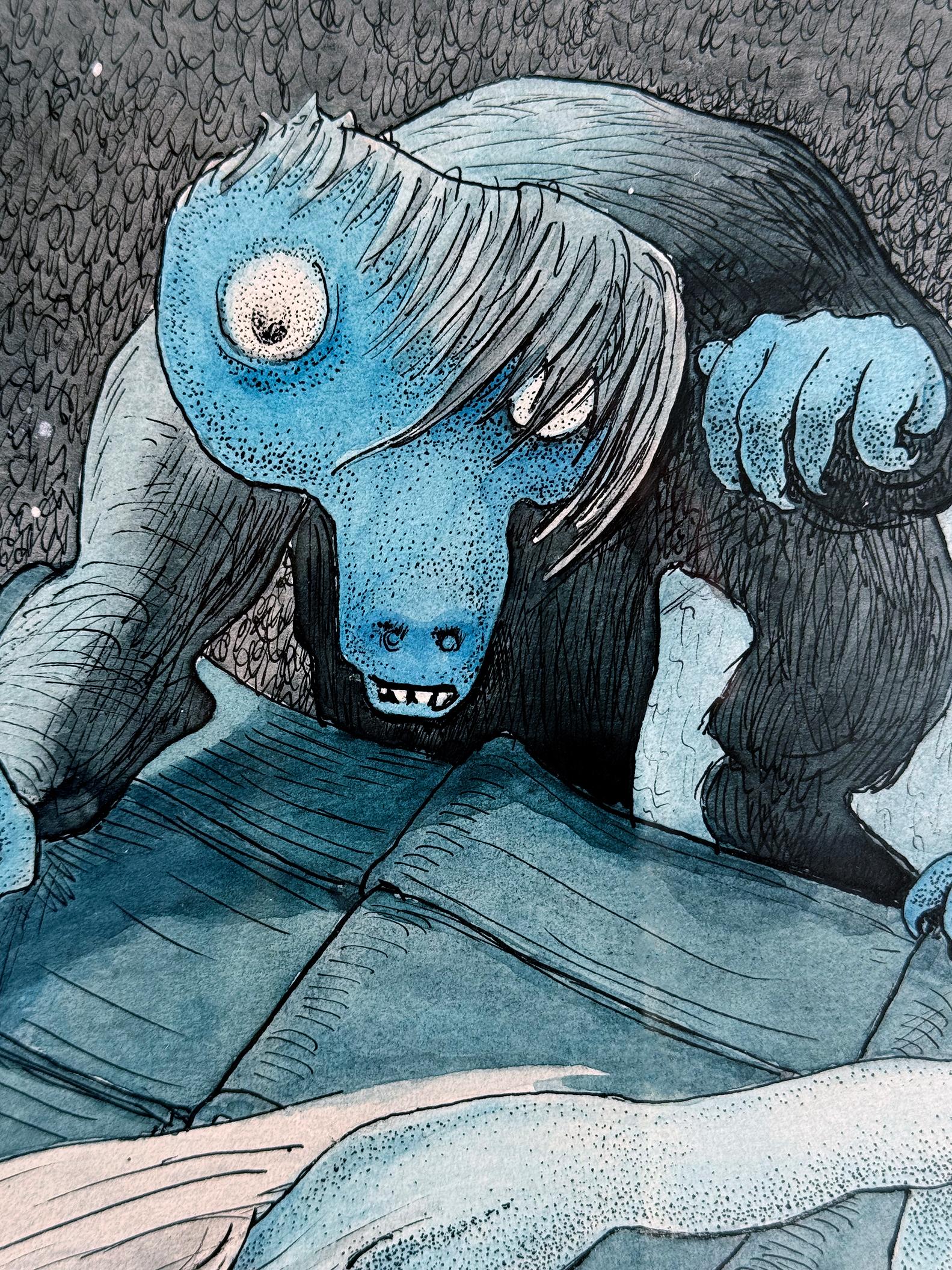 Échapper à des monstres inquiétants sur le toit la nuit  - Fantaisie macabre - Surréalisme Art par Walter Schnackenberg