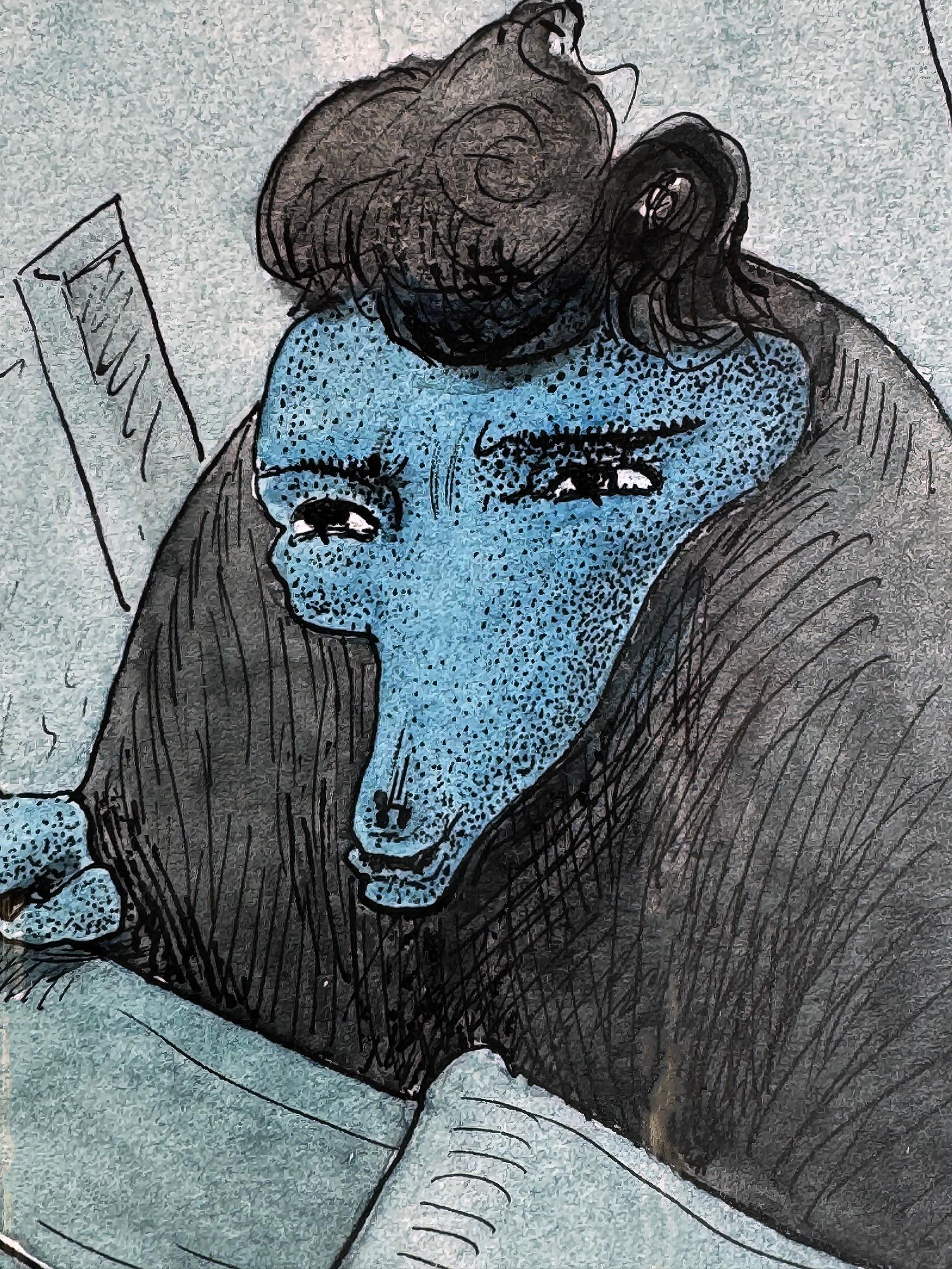 Échapper à des monstres inquiétants sur le toit la nuit  - Fantaisie macabre - Gris Portrait par Walter Schnackenberg