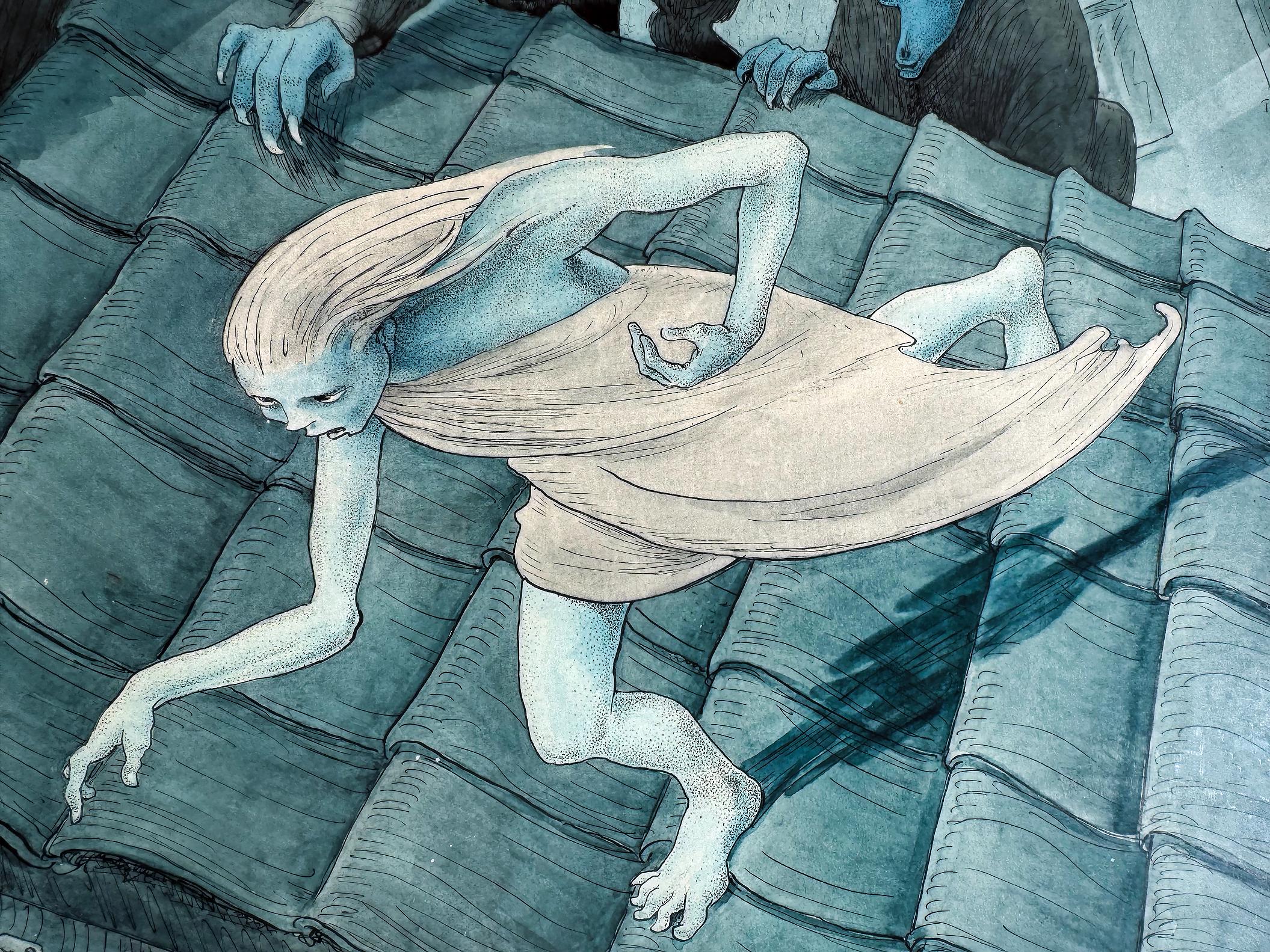 Échapper à des monstres inquiétants sur le toit la nuit  - Fantaisie macabre en vente 2