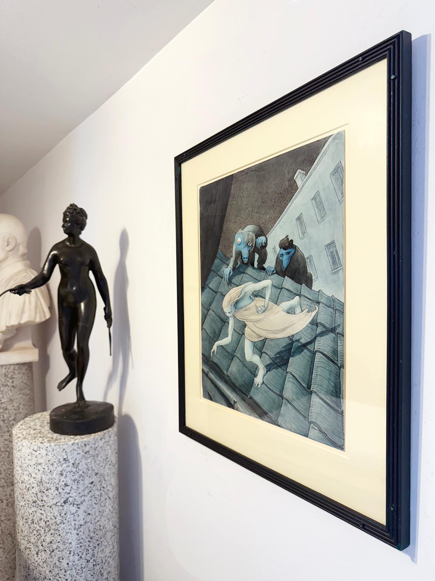 Échapper à des monstres inquiétants sur le toit la nuit  - Fantaisie macabre en vente 5