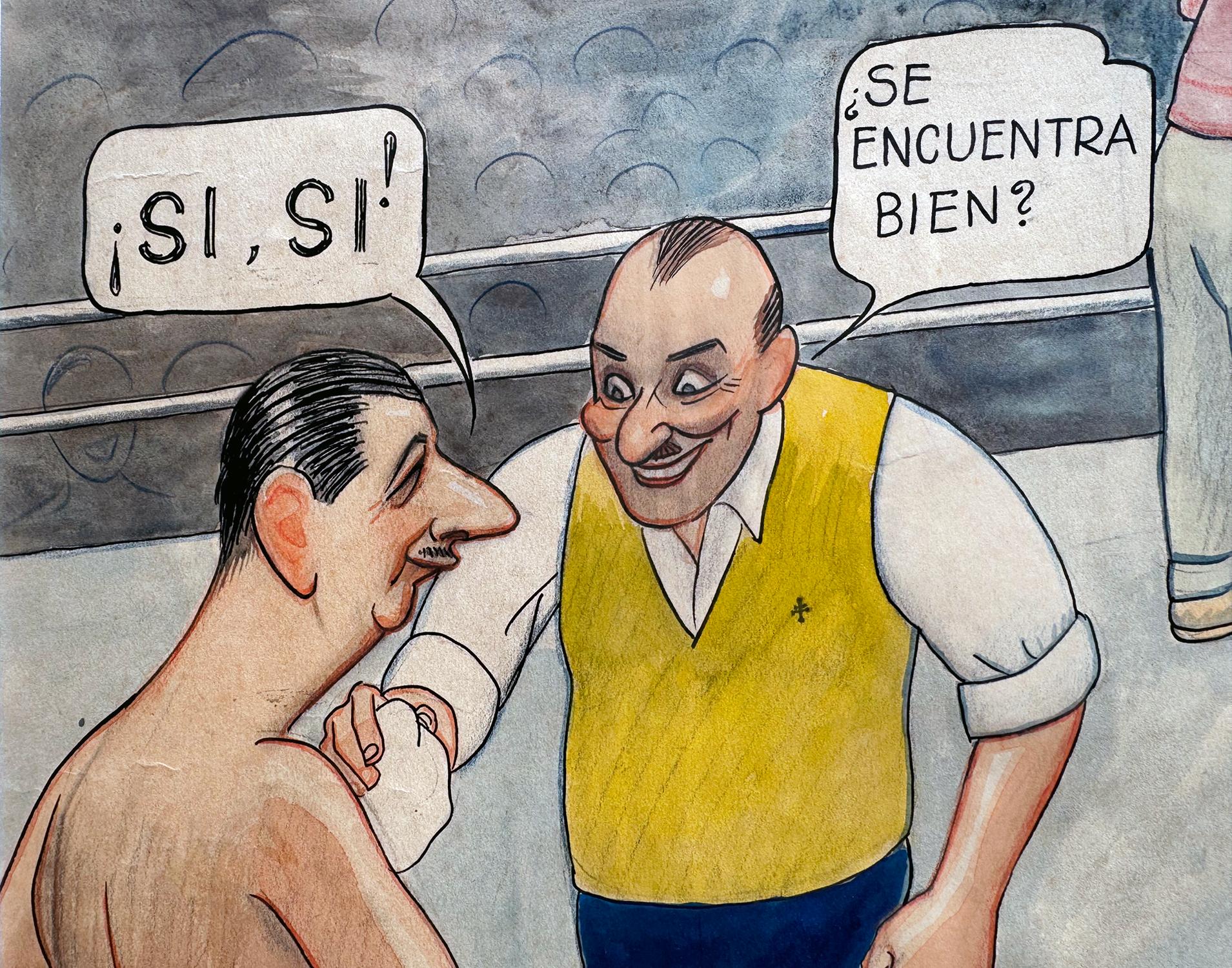 Charles de Gaulle Boxing Match Political Cartoon - Cuban Artist - Brown Figurative Art by Conrado Massaguer
