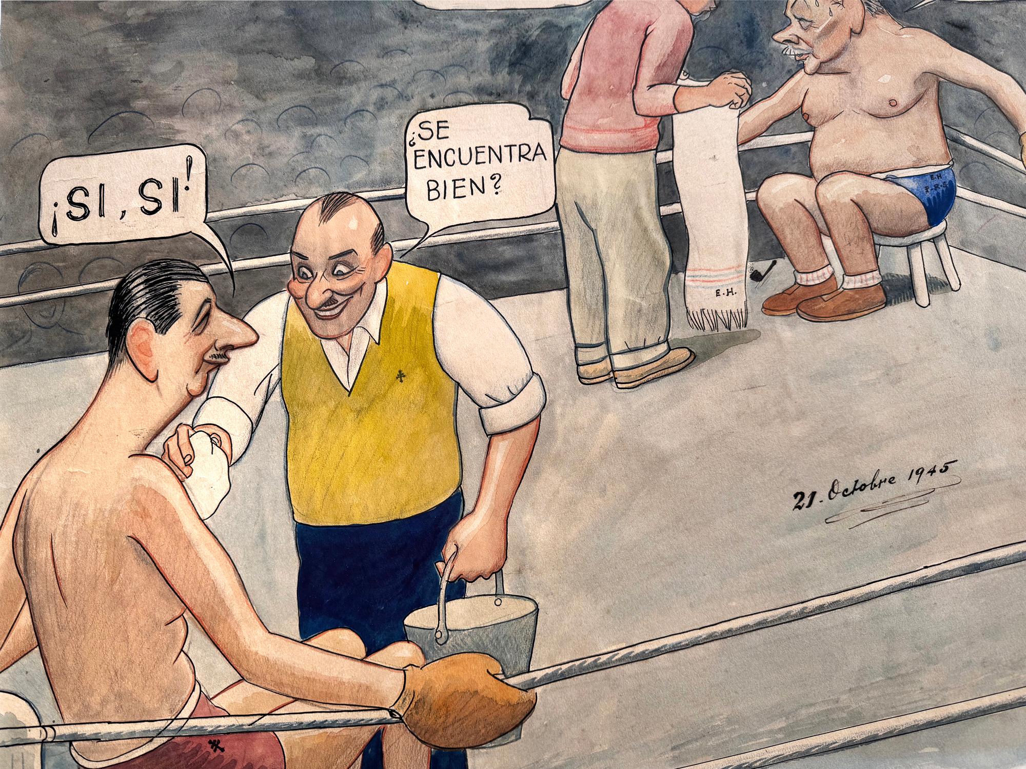 The present work features Charles de Gaulle in a boxing match in a political cartoon, facing an unidentified opponent with Spanish-language thought balloons. 
Untitled
signed and dated 'Massaguer 1945' (lower right); inscribed '21. Octobre 1945'