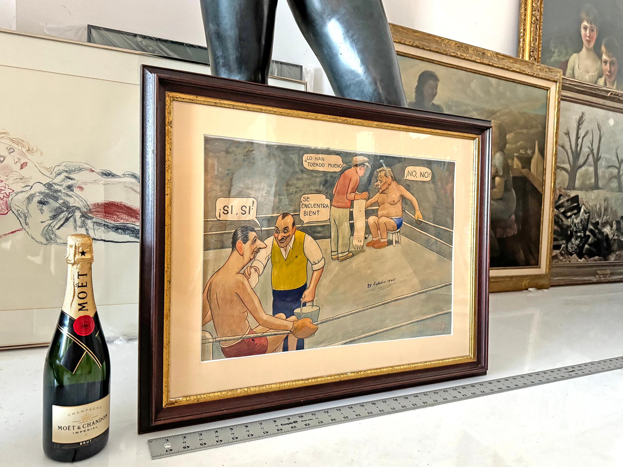 Charles de Gaulle Boxing Match Political Cartoon - Cuban Artist For Sale 1