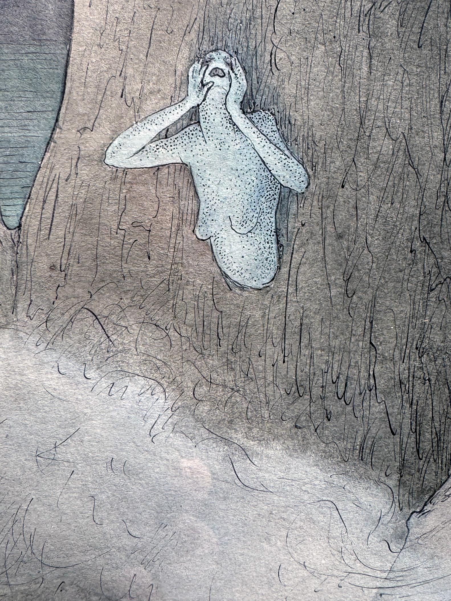 Famed poster and stage scenery artist Walter Schnackenberg shifts gear and paints a nightmarish vision from his imagination. In the present work, we witness scary monsters emerge from the mountains, as a horrified climber looks on. The beastly