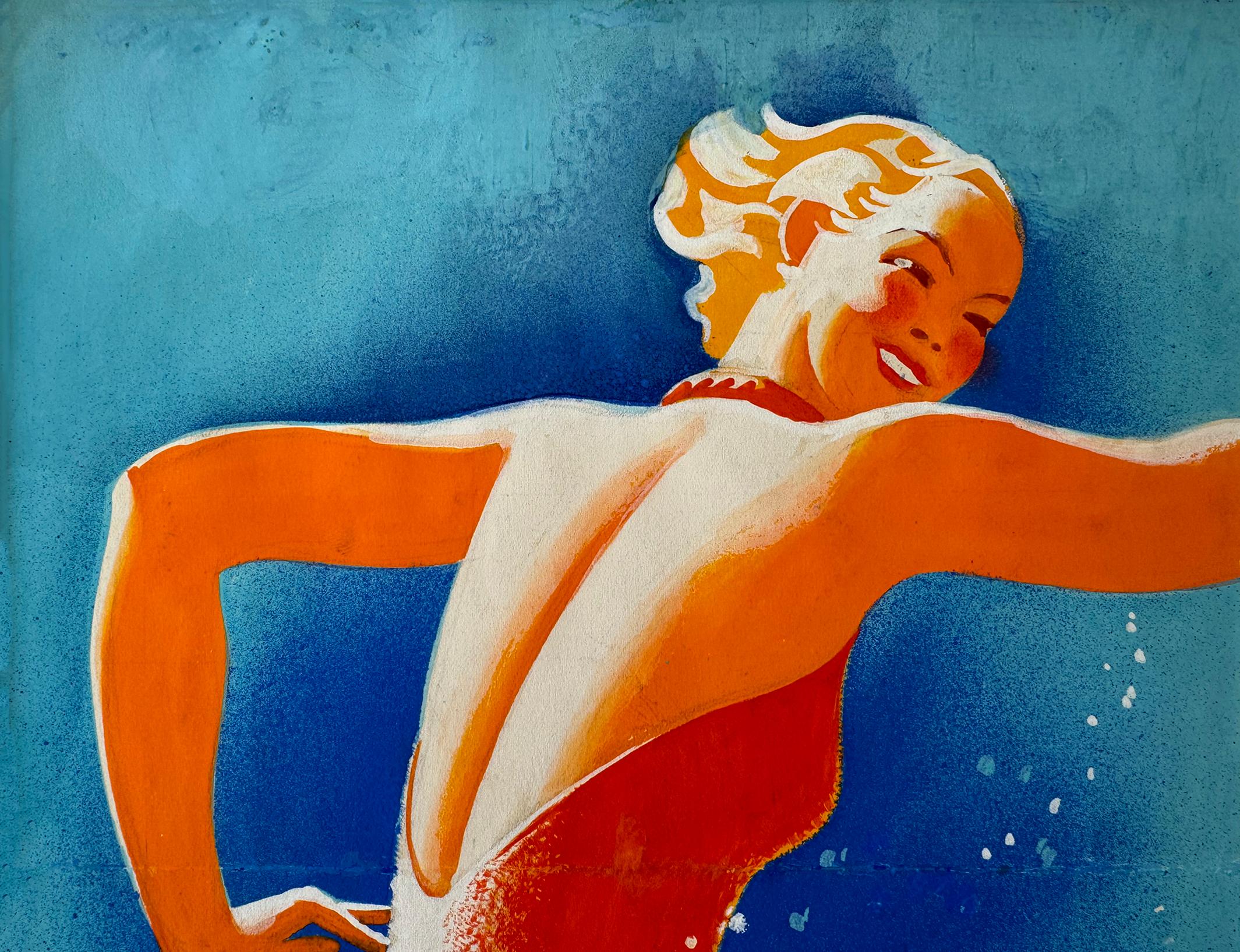 Nadadora Art Decó - Diversión estival - Ilustradora femenina - Nude Azul de Robin Artine Smith