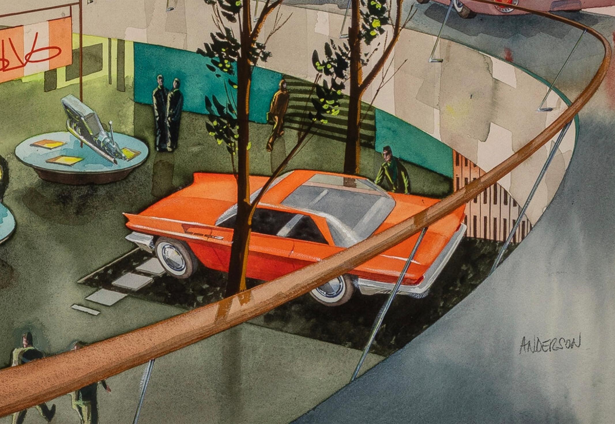 Mid Century Cars - Autohäuser der Zukunft - Automotive (Braun), Figurative Art, von George Anderson