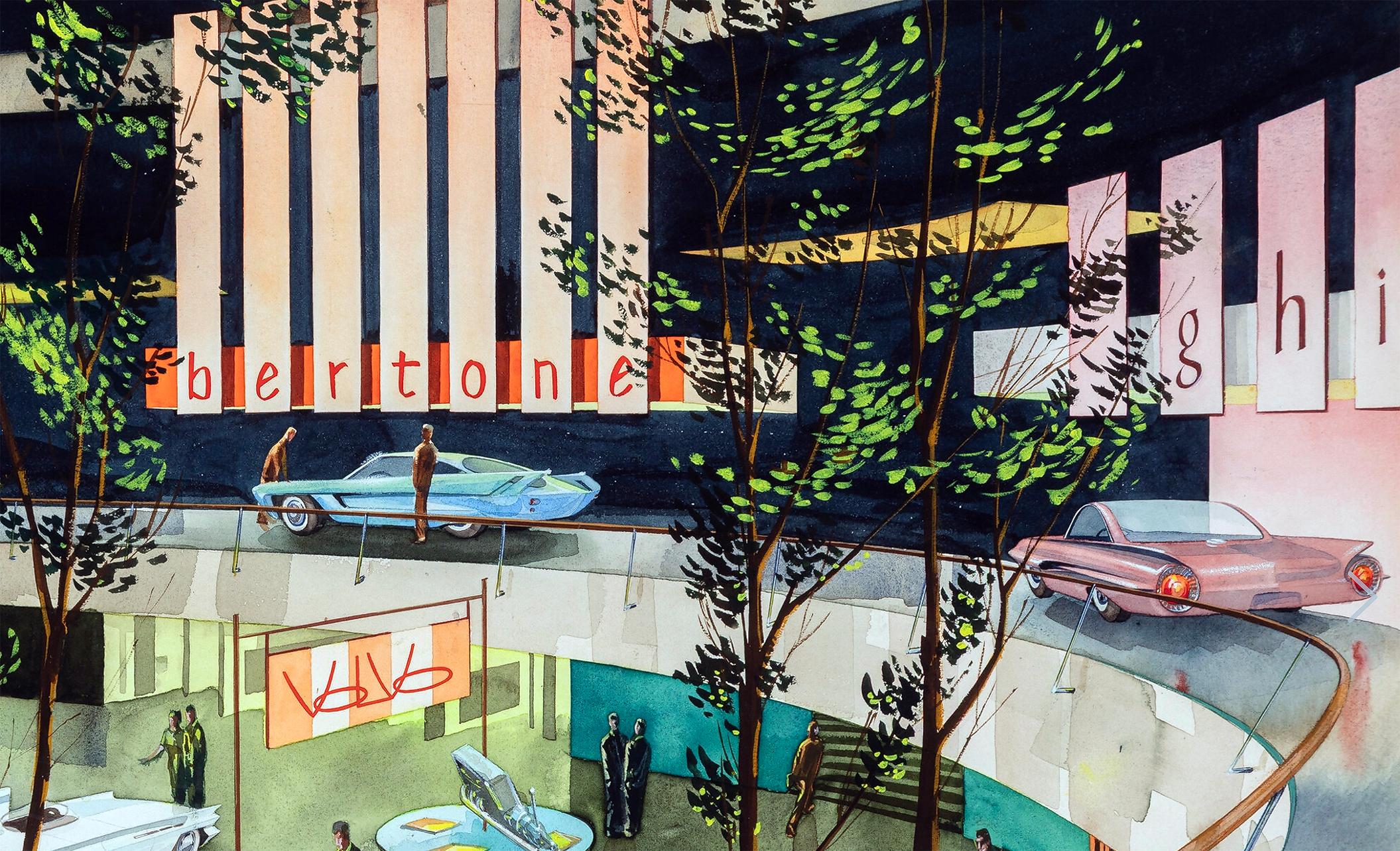 Mid Century Cars - Autohäuser der Zukunft - Automotive (Amerikanische Moderne), Art, von George Anderson