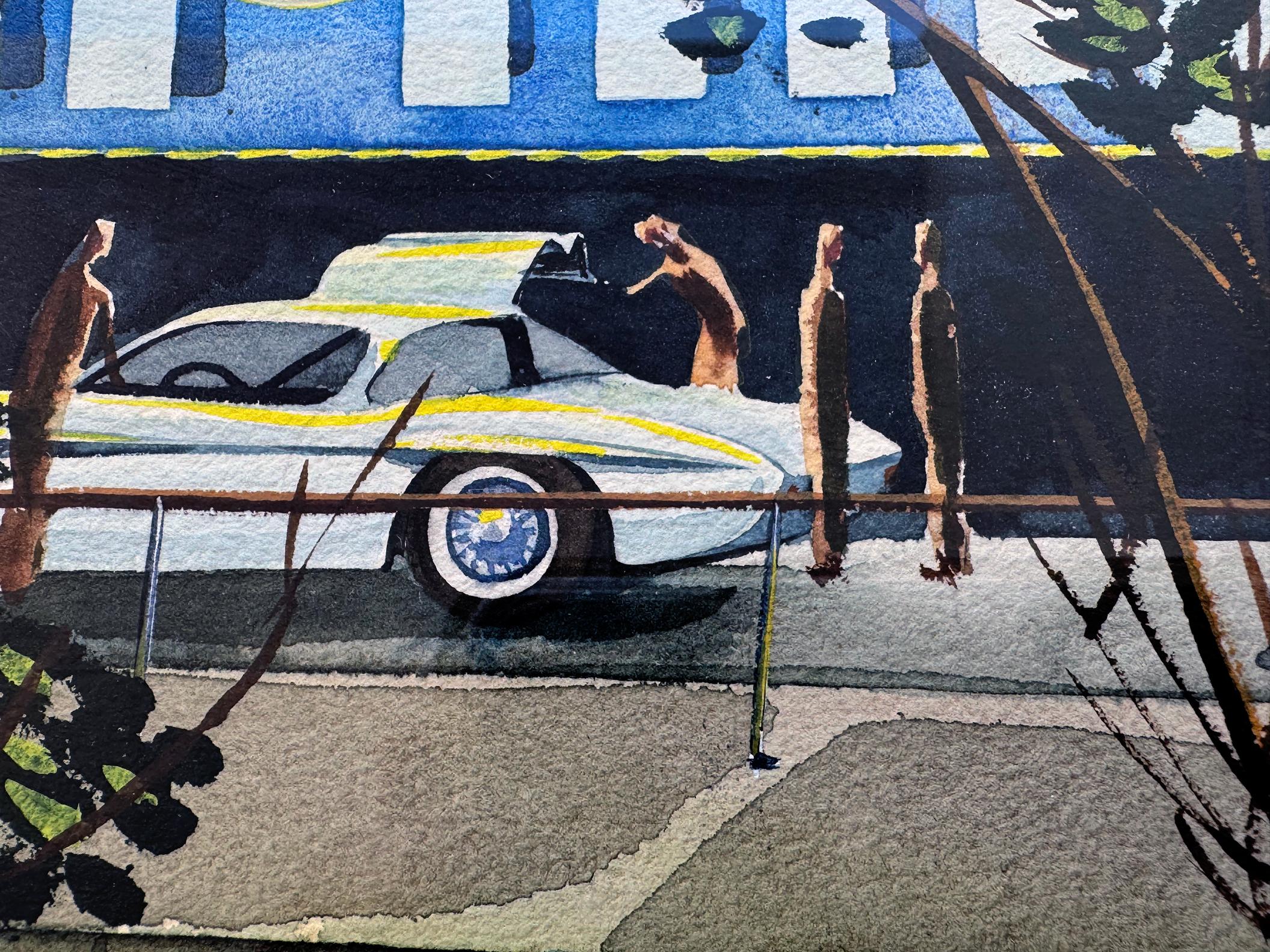 Großformatige Mid-Century-Illustration, die die  Autohäuser der Zukunft, möglicherweise für die  New York World's Fair, 1964-1965, mit dem Thema 