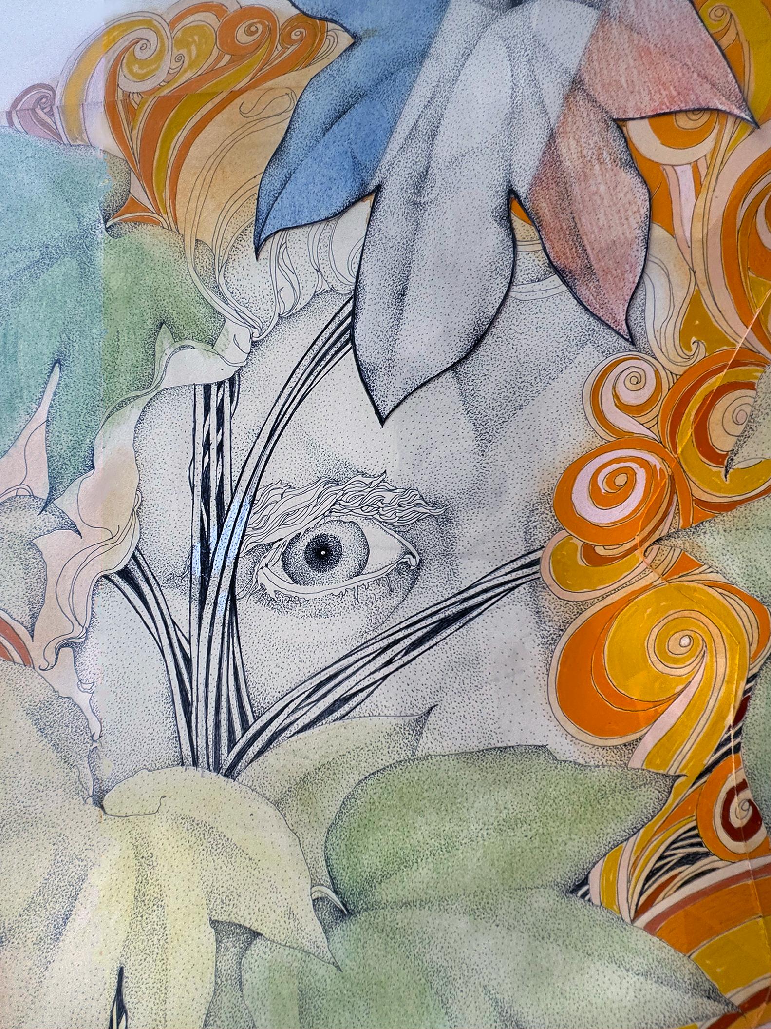 Dos Ojos Psicodélicos con Planta y Flores Groovy - Portrait Beige de James Spanfeller