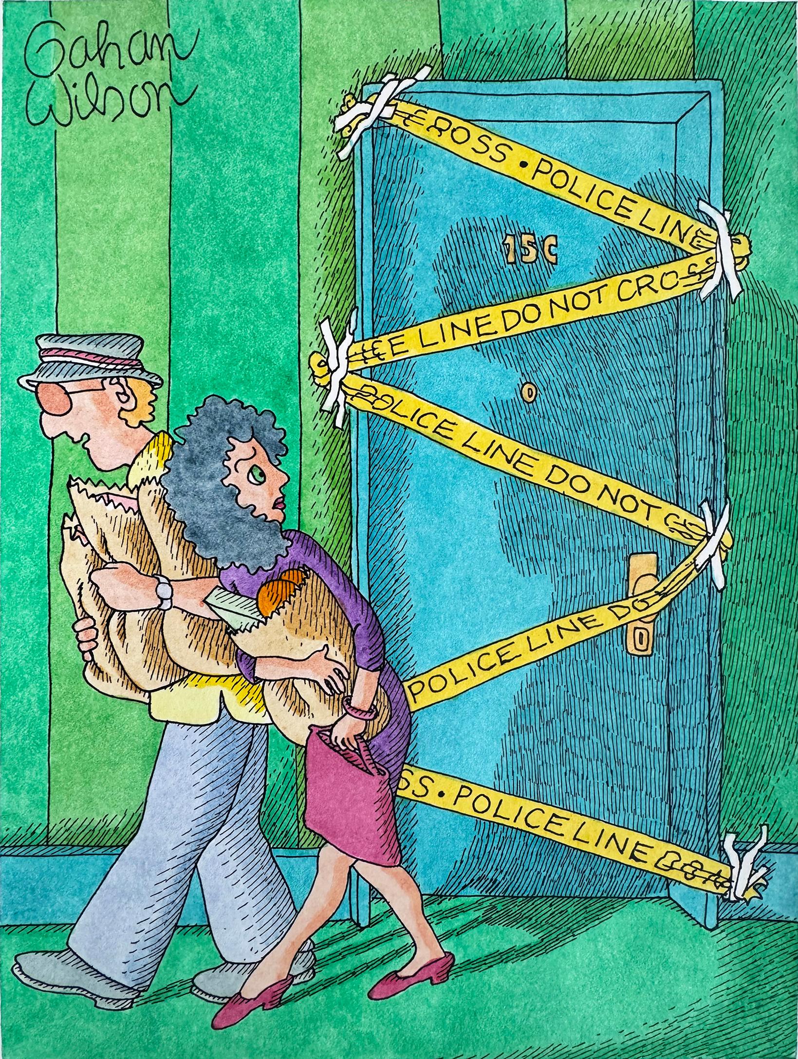 Gahan Wilson Figurative Art - Murder Behind a Blue Door Crime Scene Noir Cartoon