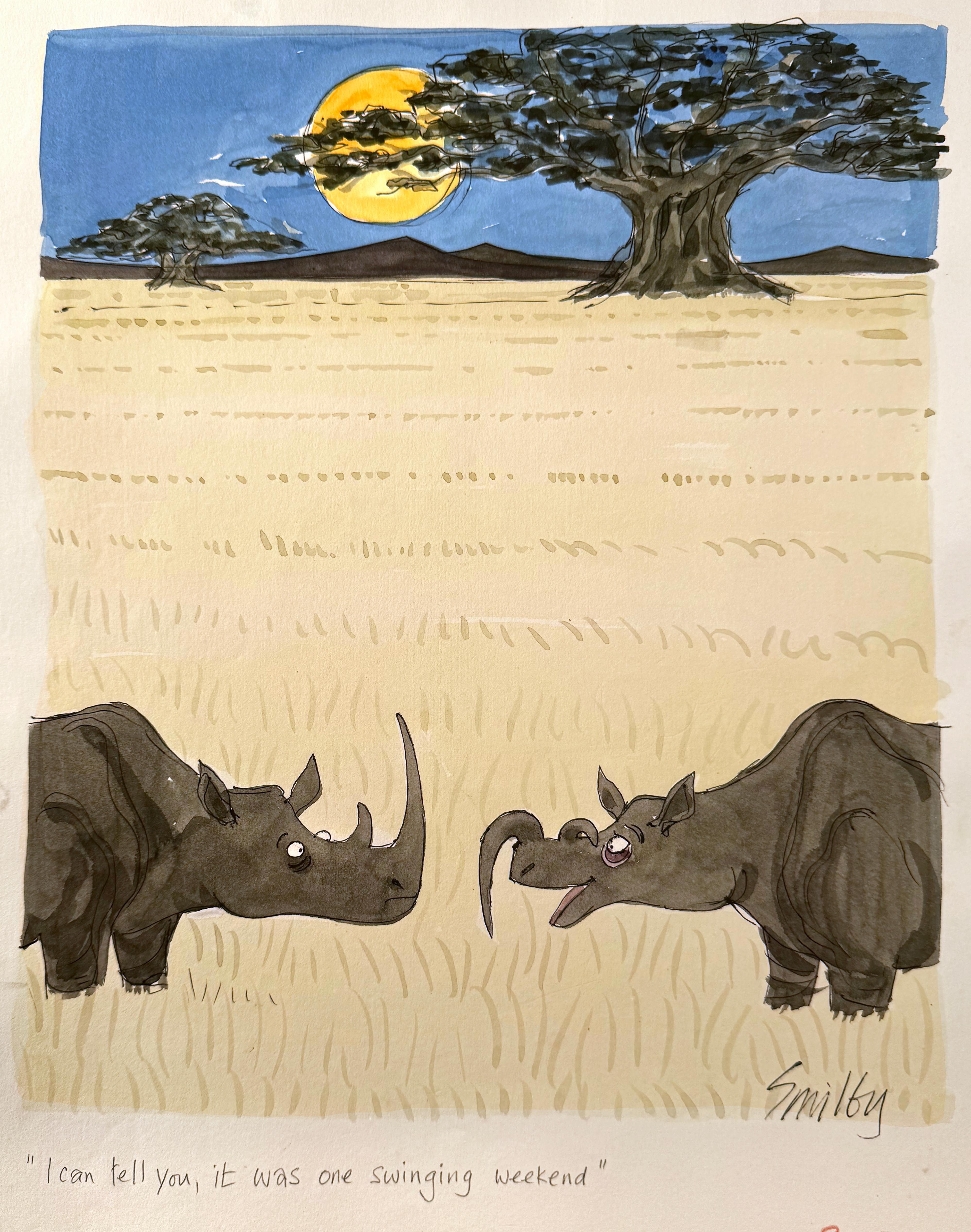 Smilby Animal Art - Rhino Has a Swinging Weekend Sexy Men
s Magazine Cartoon