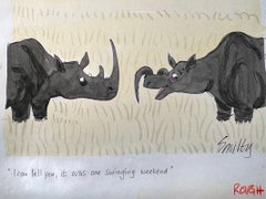 Rhino Has a Swinging Weekend Cartoon Drawing, Signed, 15x11 Inches