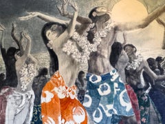 Polynesian Dance at Sunset Watercolor Mixed Media Artwork, 21.25x13"